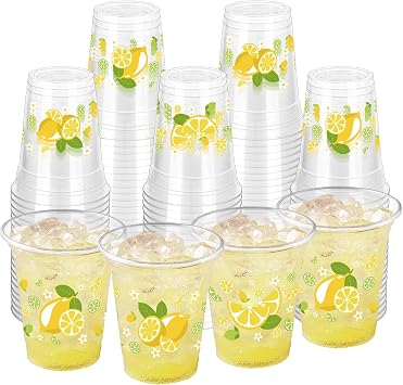 100 Pcs Lemon Plastic Cups,12 oz Yellow Lemon Disposable Clear Plastic Cups Lemons Theme Party Drinking Cup Hawaiian Luau Party Cup for Birthday Wedding Bridal Baby Shower Supplies