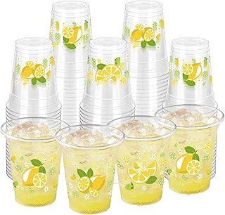 100 Pcs Lemon Plastic Cups,12 oz Yellow Lemon Disposable Clear Plastic Cups Lemons Theme Party Drinking Cup Hawaiian Luau Party Cup for Birthday Wedding Bridal Baby Shower Supplies