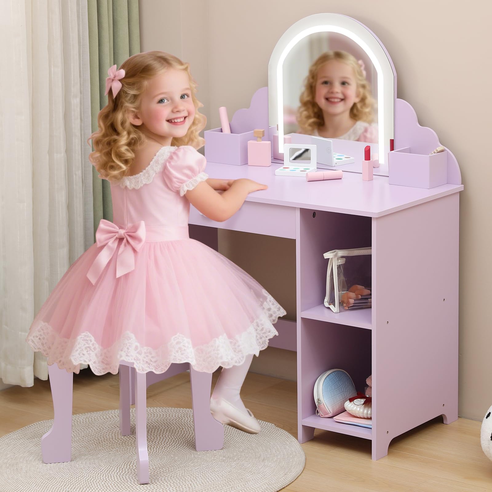 Garvee Kinder-Kosmetiktisch Mit Beleuchtungsspiegel & Hocker – Schminktisch Für Kleine Mädchen Inklusive Holz-Kosmetikset, Verstellbarer LED-Beleuchtung, Für Mädchen Von 3-9 Jahren