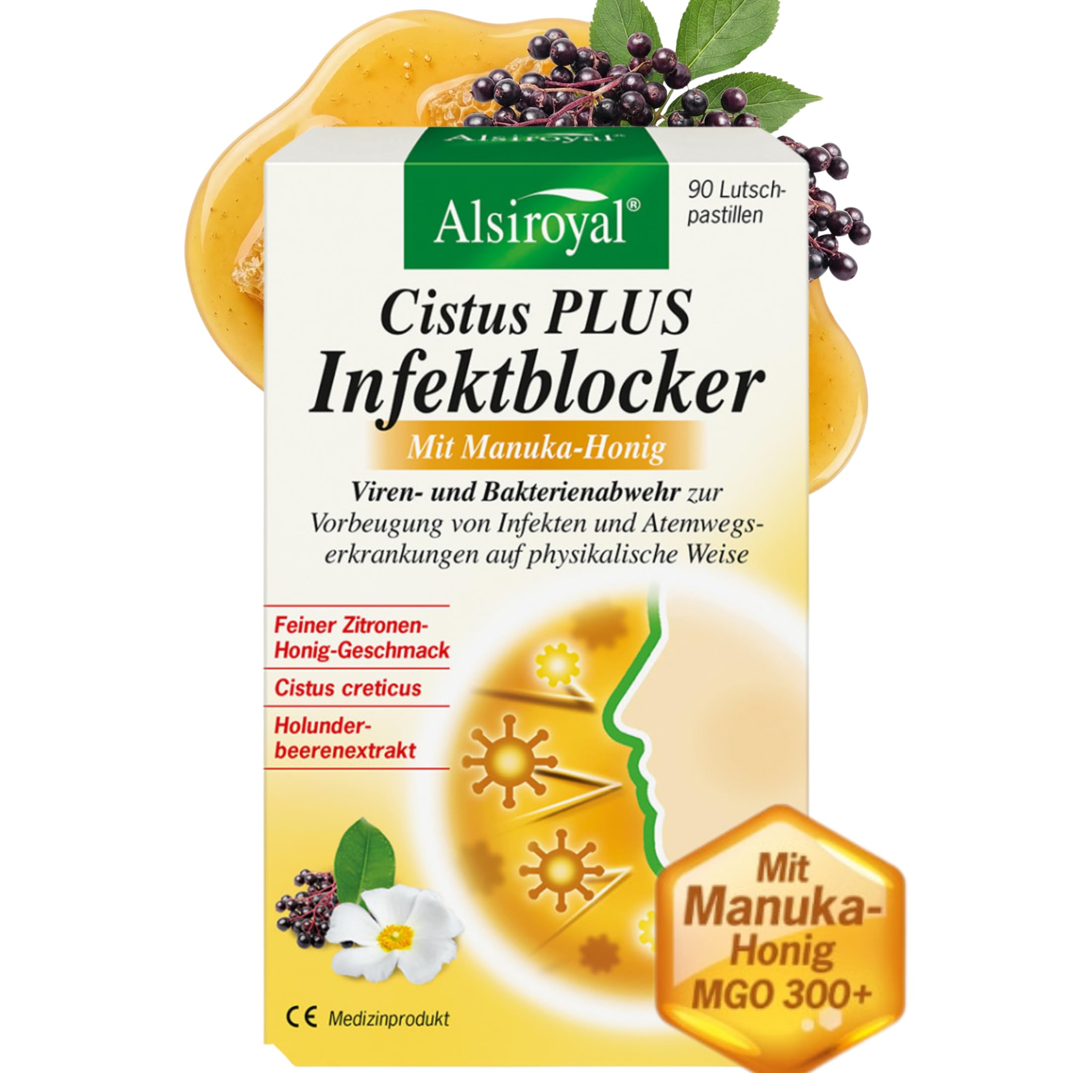 Alsiroyal Cistus Plus Infektblocker mit Manuka Honig - 90 Stück - Lutschpastillen mit Cistus Creticus und Holunderextrakt fruchtig frischer Geschmack für Kinder ab 6 Jahren und Erwachsene
