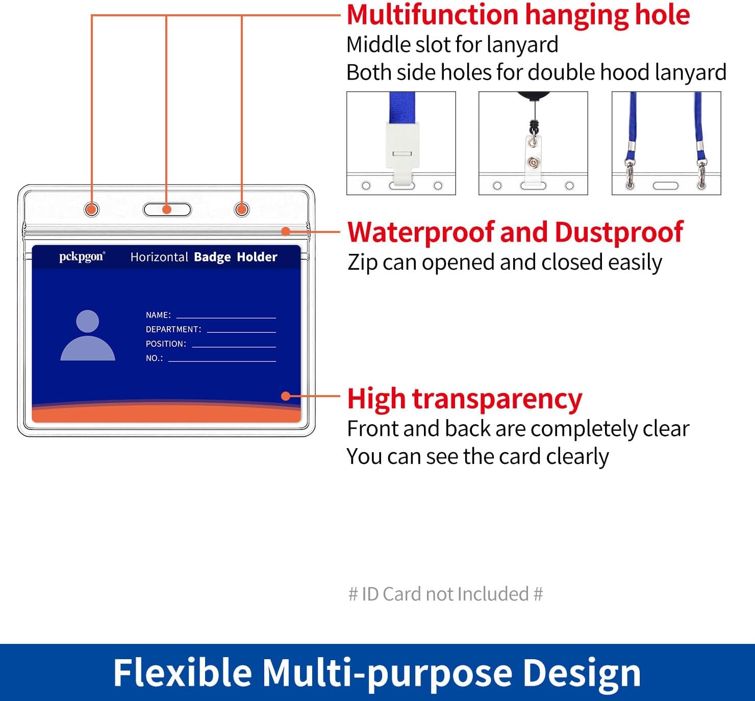 100 Pack Horizontal ID Badge Holders - Clear Plastic With Zipper For Lanyards