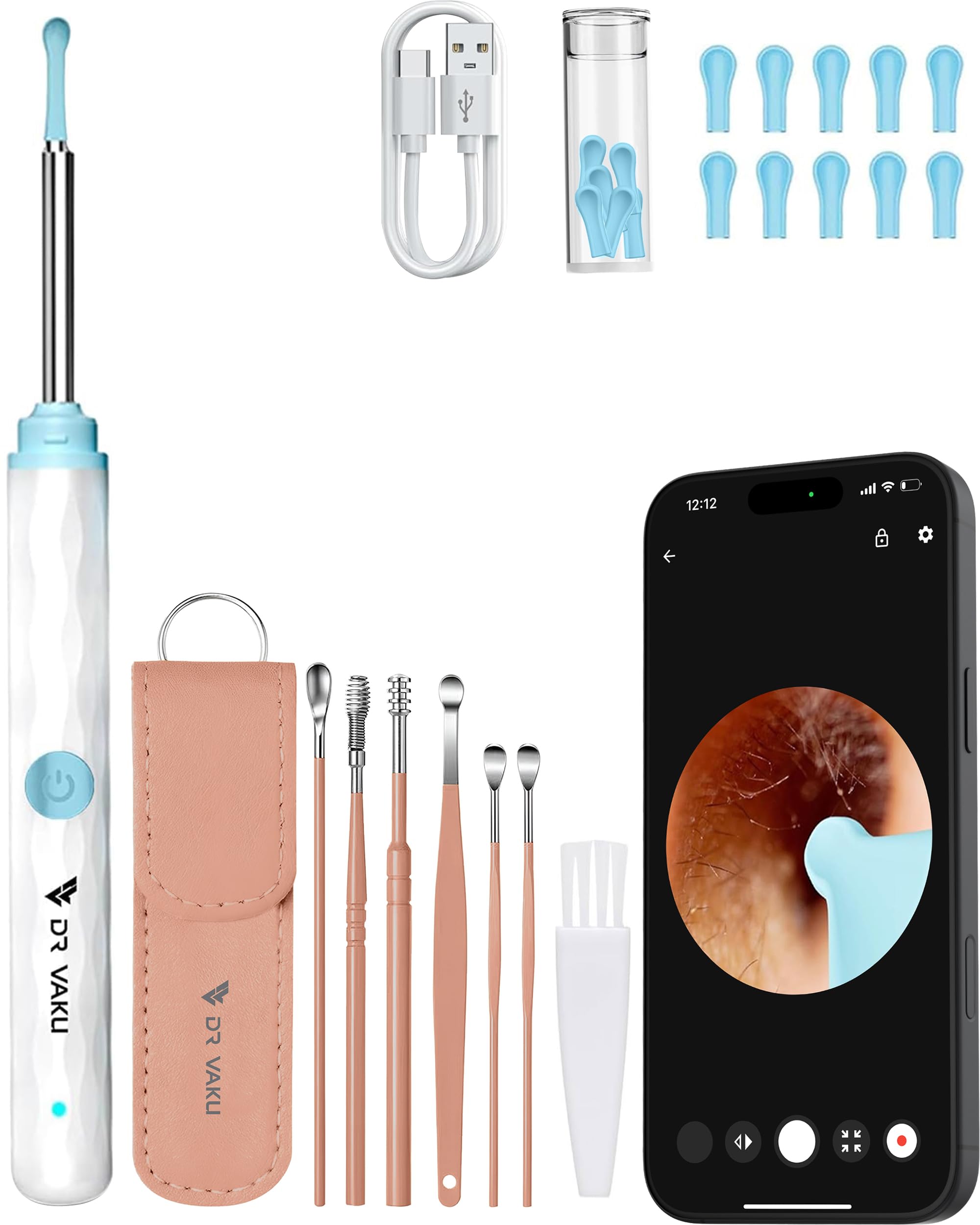 Dr Vaku® Earocam Ear Cleaner Earwax Removal Tool with Extra Cleaning Kit (Set of 7) HD Camera Wifi Connection & 6 LED Lights Endoscope Tool + 11 Silicone Tips Free & Storage Case-White/Pink