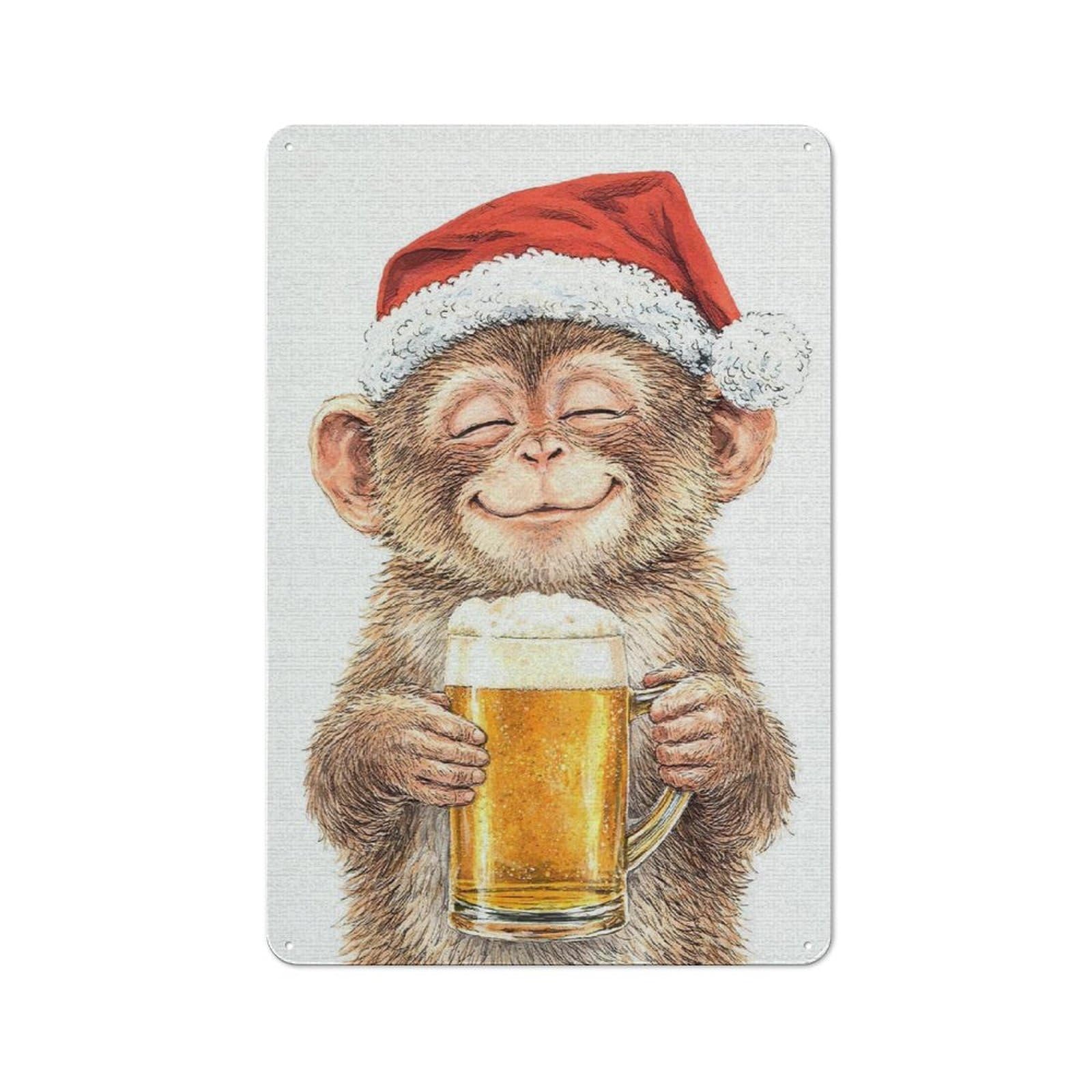 Junmoney Style-1 Tin Wall Plaque 30X20cm With Monkey In Santa Hat With Beer For Hallway Wall, Suited To Hallway Decor Lovers, For Retro Home Interiors