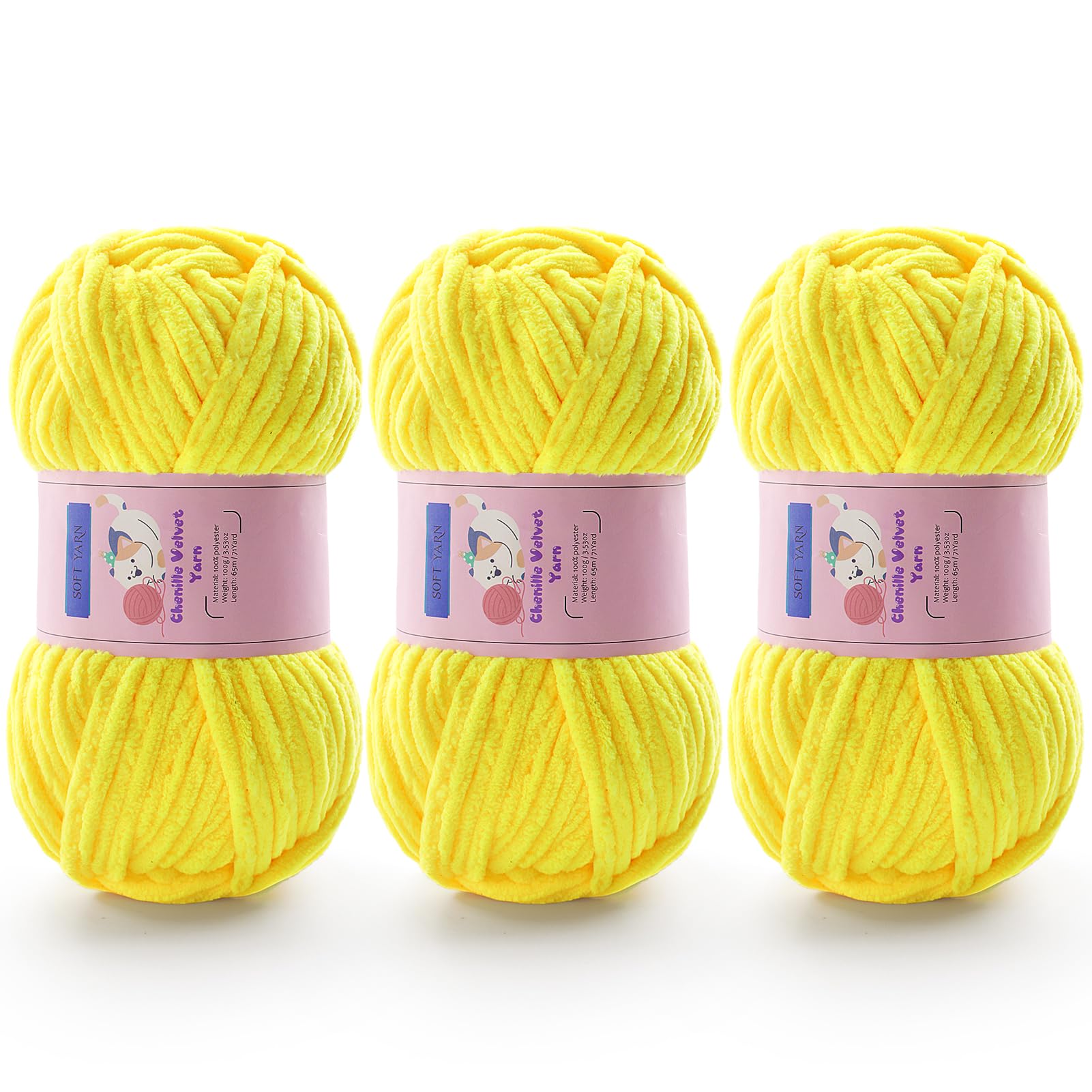 Chunky Chenille Yarn for Crocheting #6 Yellow Baby Blanket Yarn for Crochet