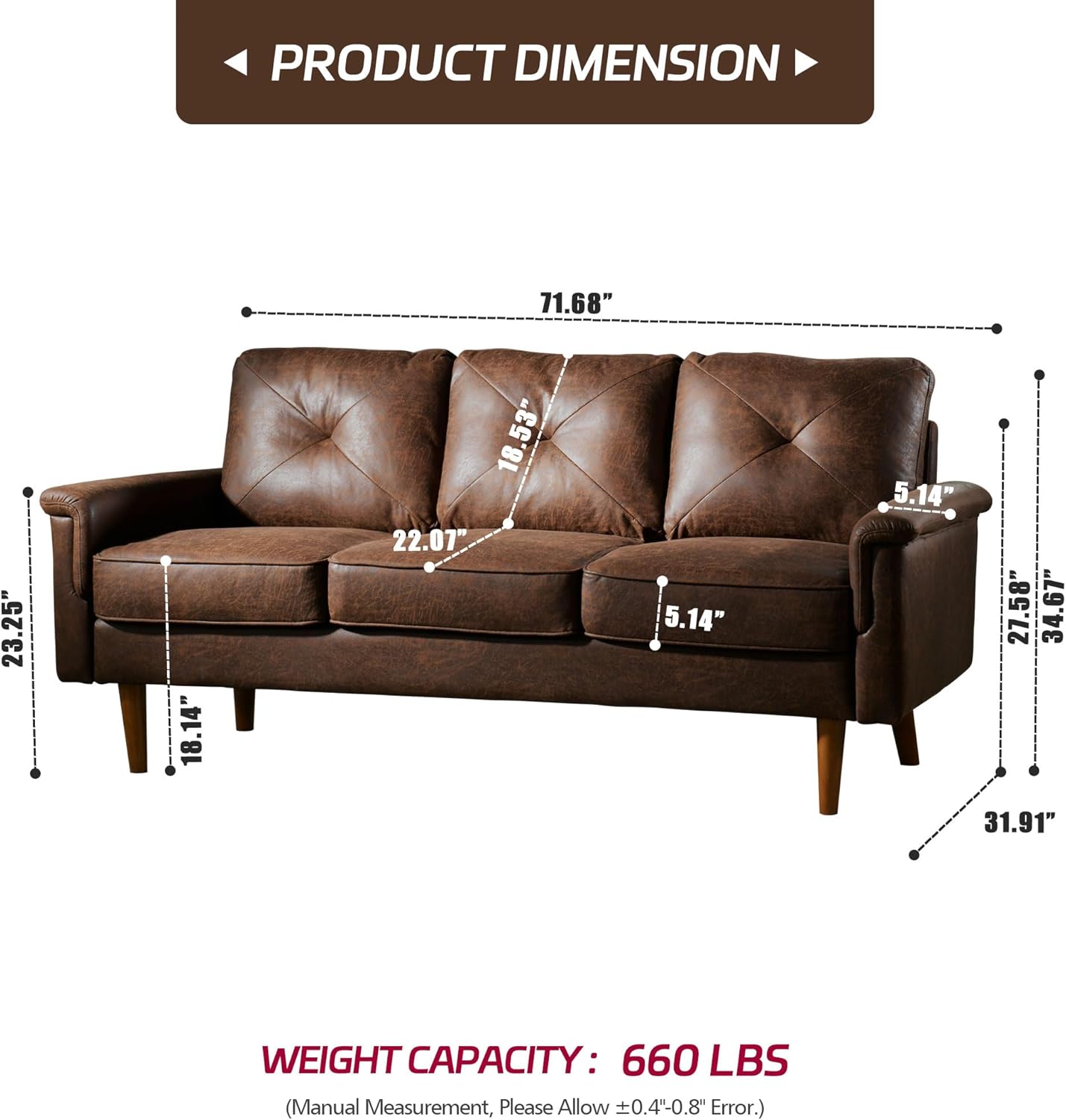 72'' 3-Seater Deep Seat Sofa Couch, Mid-Century Modern Couch, Brown Faux Leather Small Couches for Apartment, Living Room, Bedroom(Dark Brown)