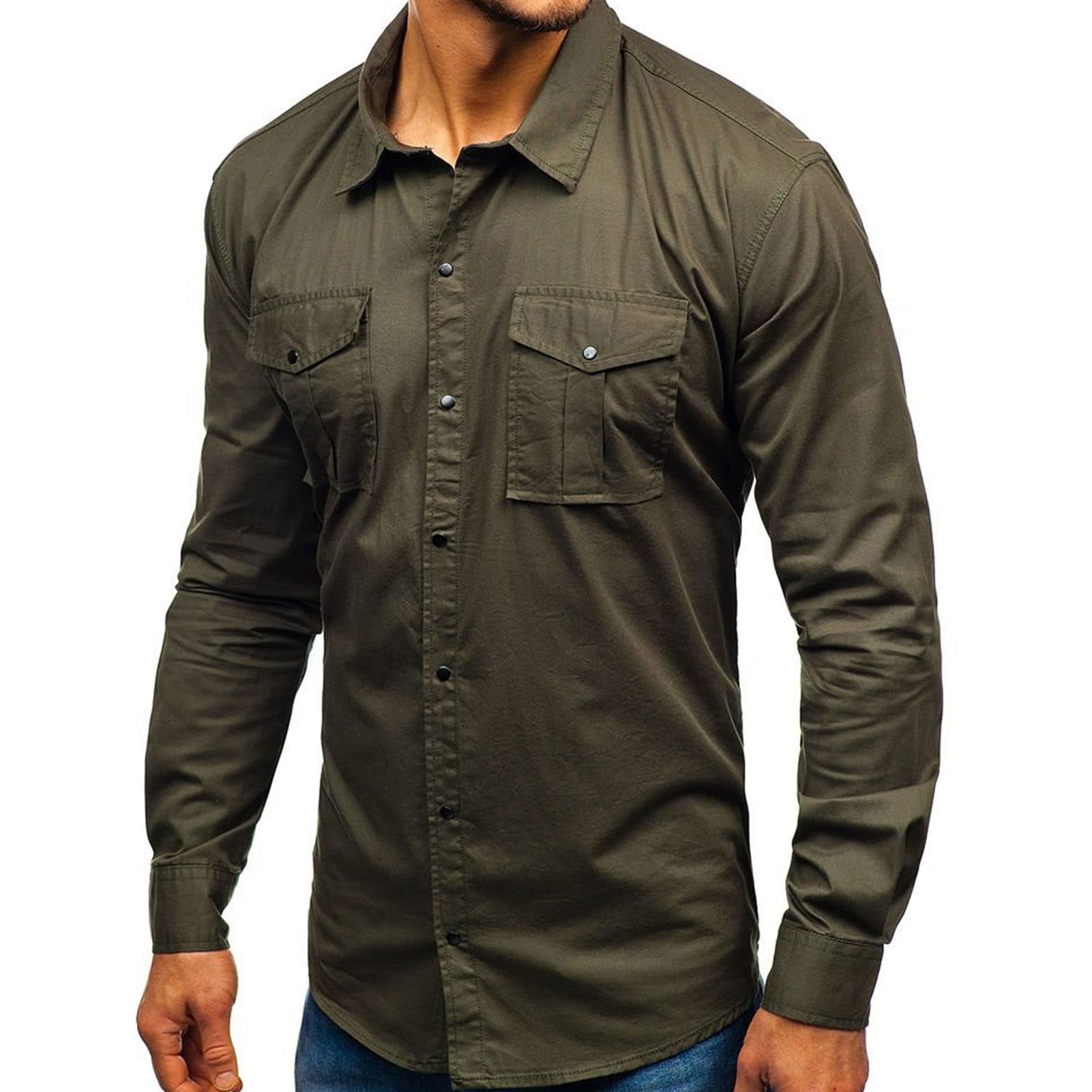 Men's Long Sleeve Hiking Shirts Lightweight Tactical Button Down Cargo Shirt Plain Slim Fit Shirt with Pockets (Armygreen,X-Large)