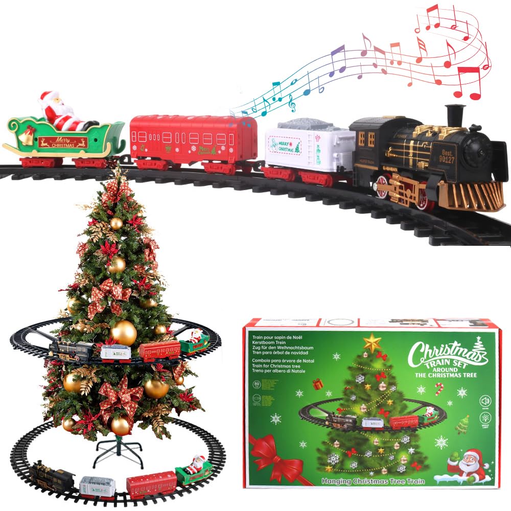 KBIBCK Christmas Train Set, Christmas Tree Train Set Around the Tree, Electric Christmass Train Toy Set with Light & Sound, Hanging Train Toys, Battery Operated, ChristmasBirthday Gifts for Boys Girls