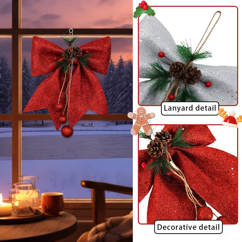 FACAIIO Decoración de lazo de Navidad, lazos grandes de algodón perlado de 30 cm con conos de pino para corona de árbol y decoración del hogar, reutilizables