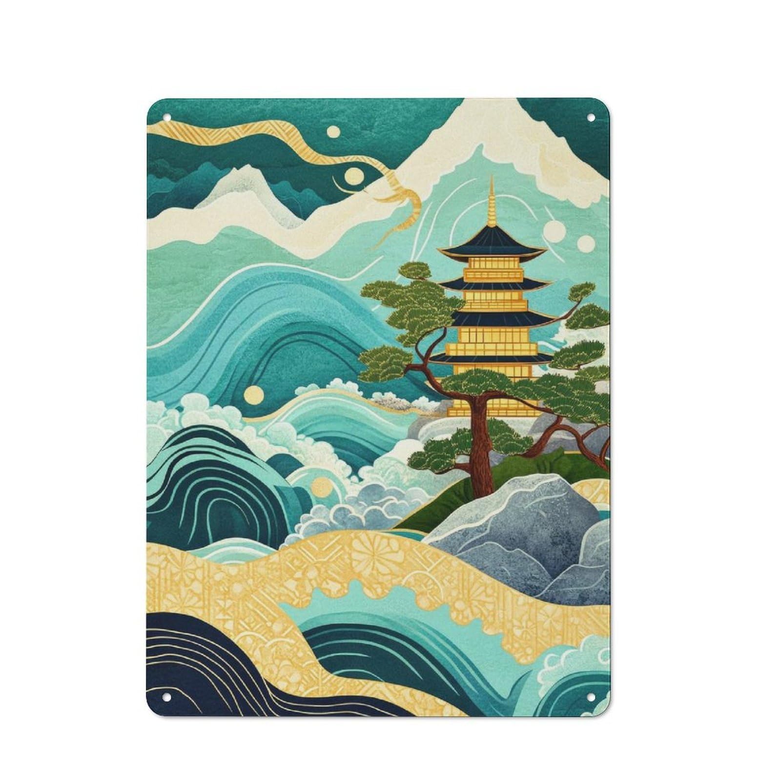 Junmoney Japanese Pagoda Landscape Vintage Metal Sign 40X30cm, Nostalgic Pub Wall Decor For Pub, Home Bar, Shed Or Man Cave