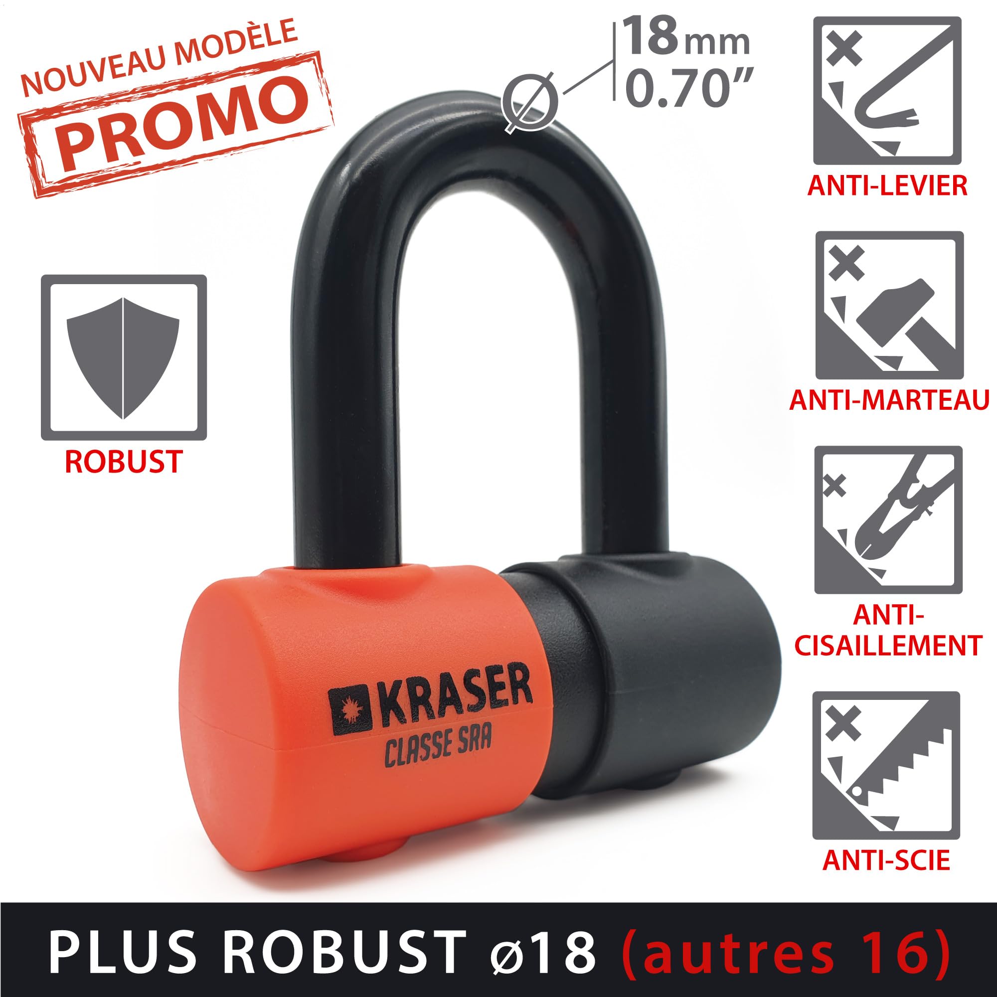 KRASER KR50 Antivol Moto Homologué SRA | Robuste Bloque Disque Mini U ø18 (autres 16) | Plus Compact 45x65 Facile à Ranger | Double Verrouillage Cémenté, Résistance au Vol 10/10, Recommandé Assurances