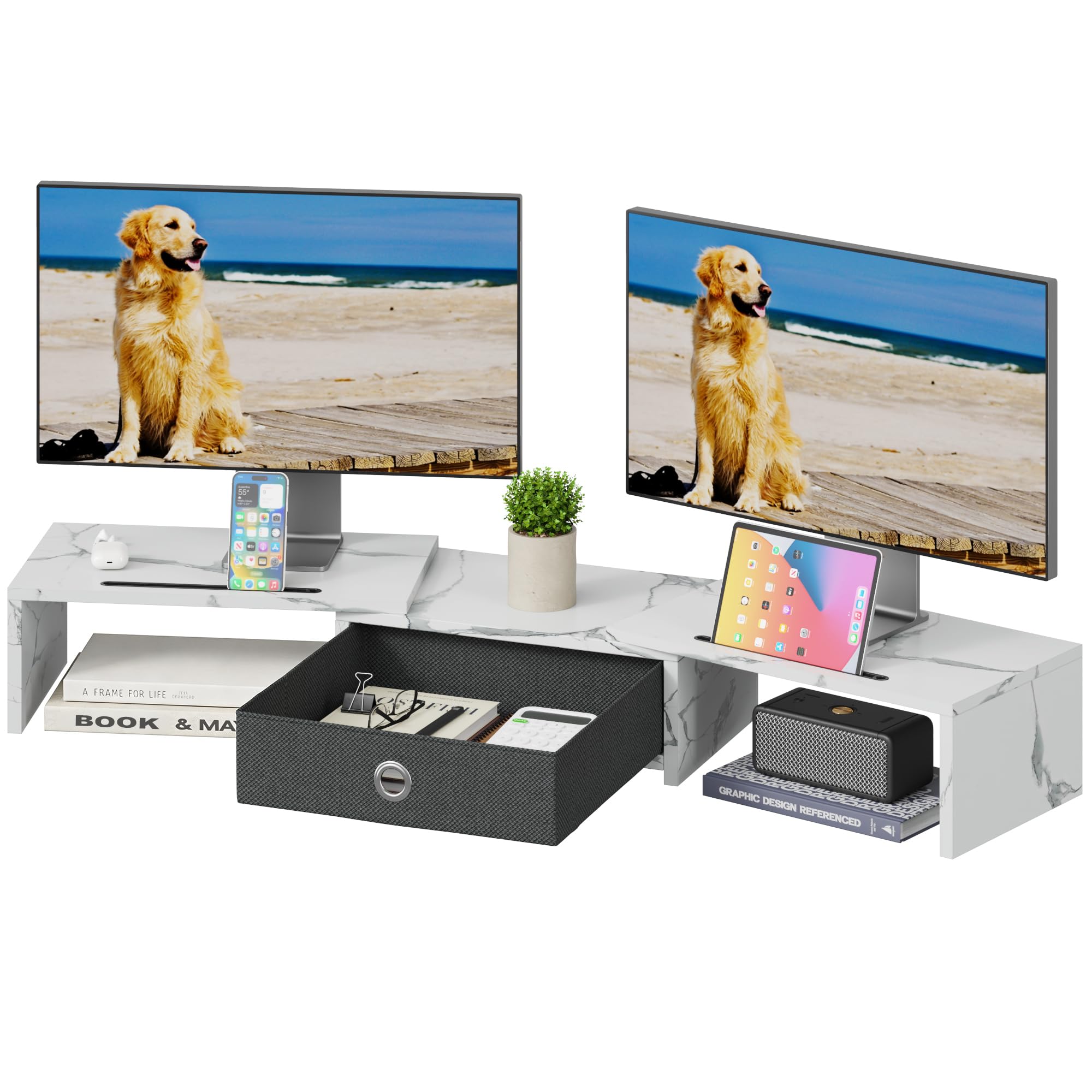 OYRREU Monitor ErhöHung Schreibtisch, Monitorständer mit Schublade BildschirmerhöHung 2 Monitore Monitor Ständer Holz, Monitor Riser TV PC Monitor Stand(Weiß, 99 x 23,6 x 15,5 cm)