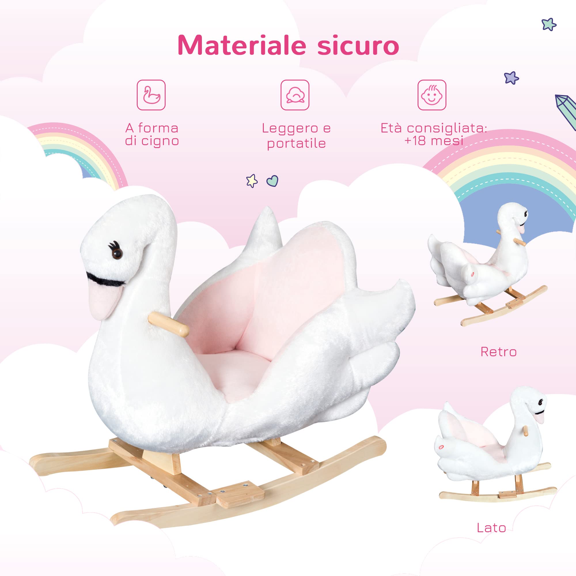 HOMCOM Cavallo a Dondolo a Forma di Cigno con Musica, Cavalluccio a Dondolo con Struttura in Metallo e Legno, Rivestimento Peluche, 60x40x57cm, Bianco