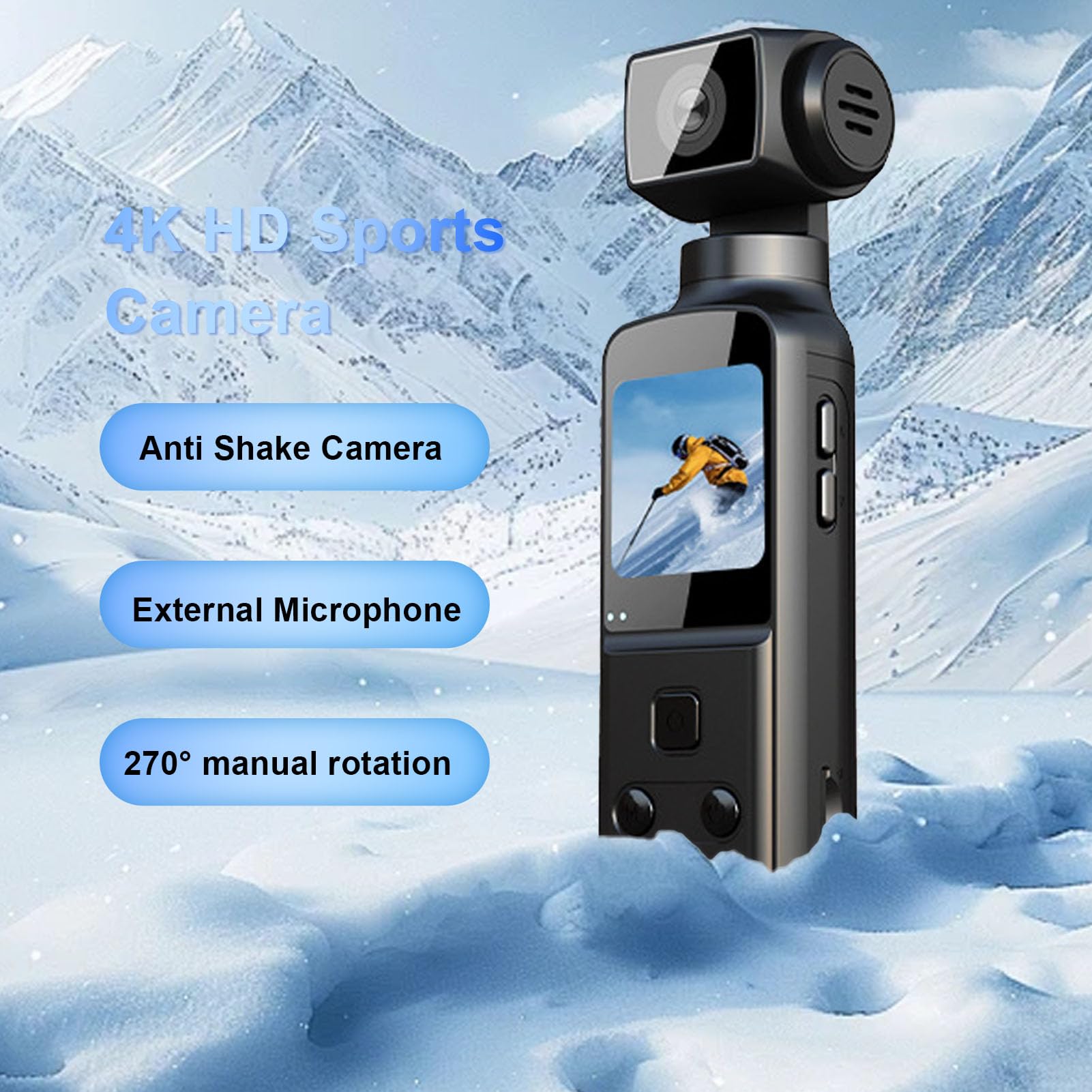 Cuifati Caméra de Poche 4K avec Microphone Externe, Stabilisation à 3 Axes, Caméra Corporelle 270 ° Rotation Lens, Vlog POV Action Camera for Outdoor Sports Cycling Travel, Affichage de