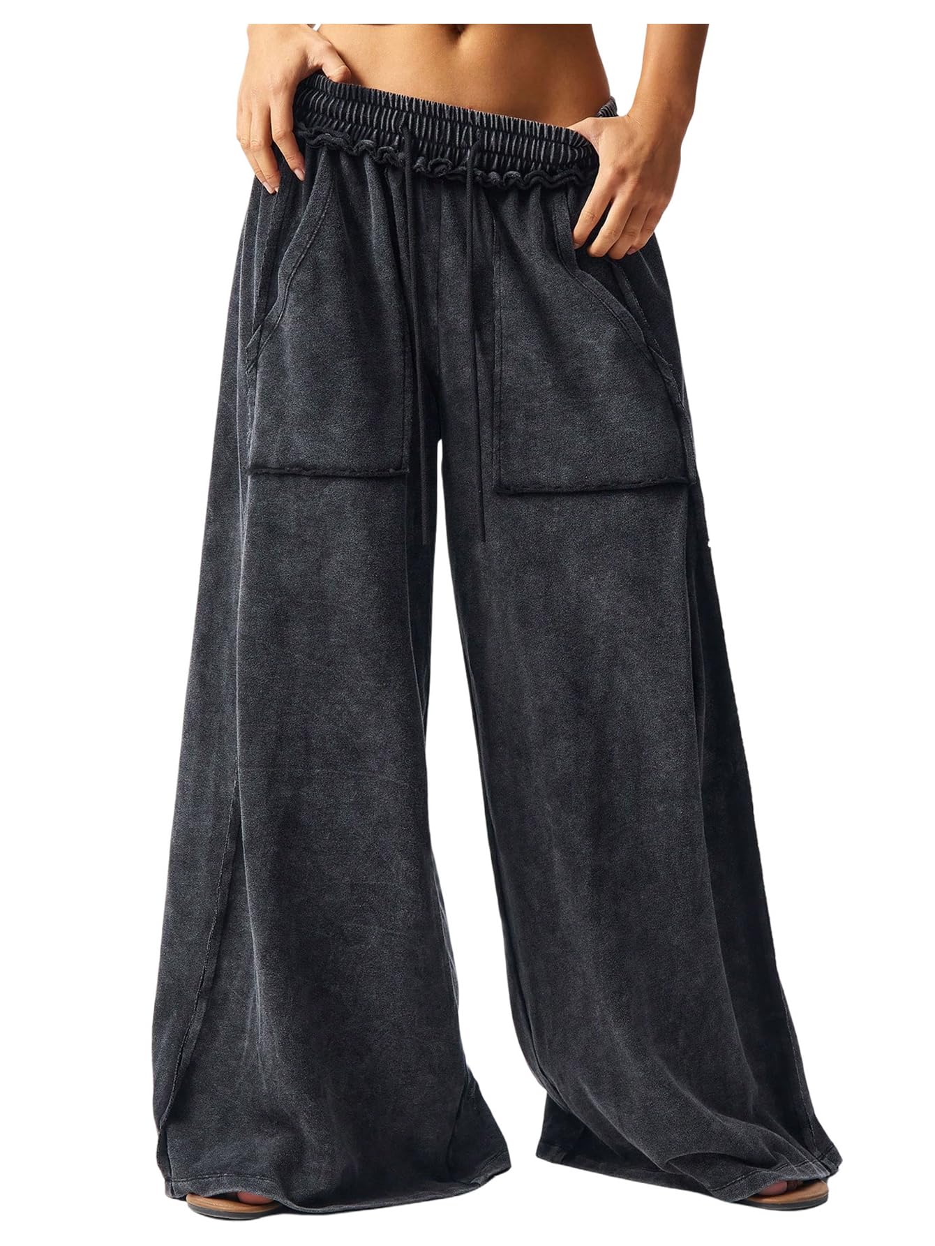 SOLY HUX Women's Wide Leg Baggy Sweatpants Acid Wash Drawstring Elastic Waist Palazzo Long Pants with Pockets