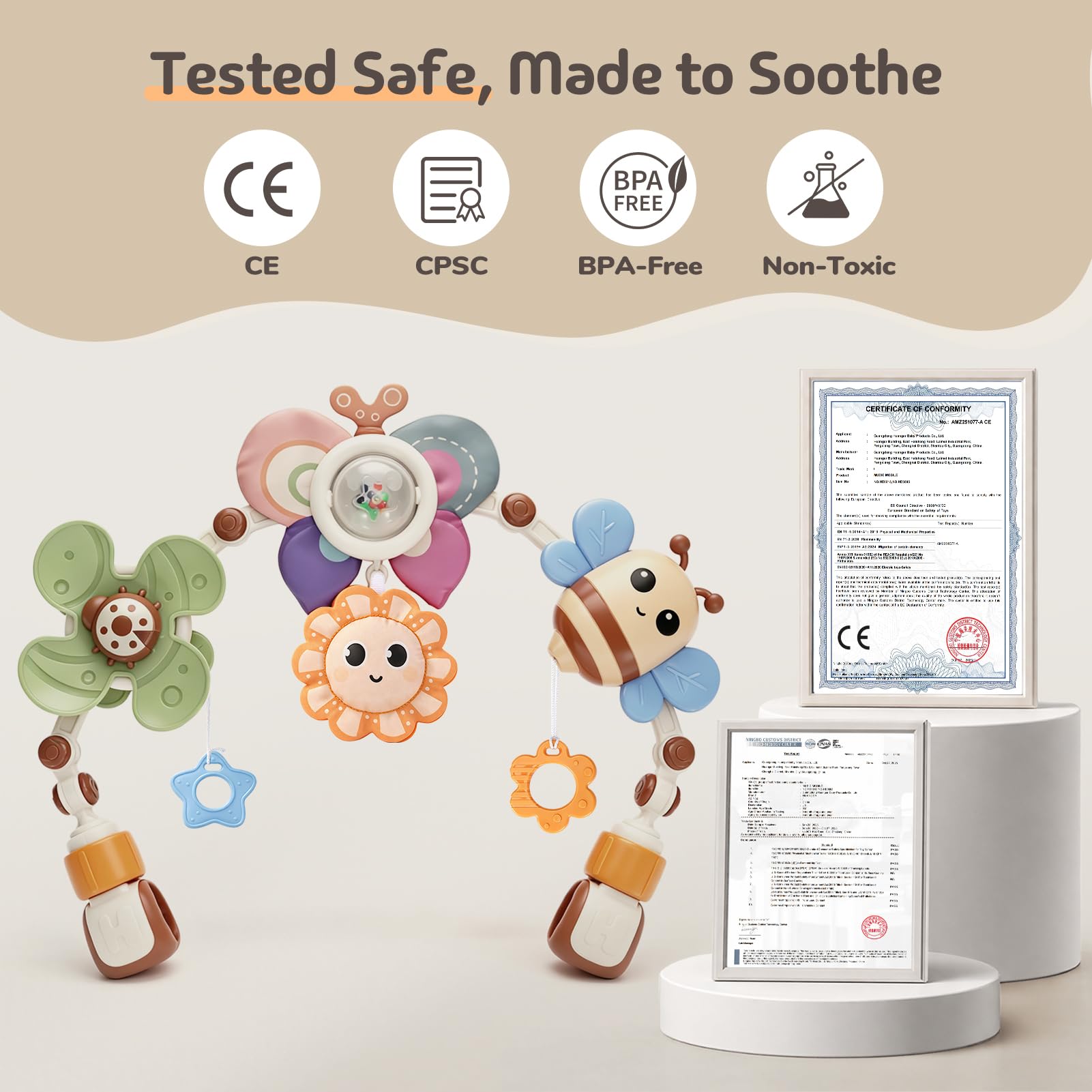 GONINO Passeggino e seggiolino auto giocattoli regolabili da appendere con massaggiagengive e squittio, giocattoli sensoriali per culla e culla, regali per bambini da 0 a 12 mesi