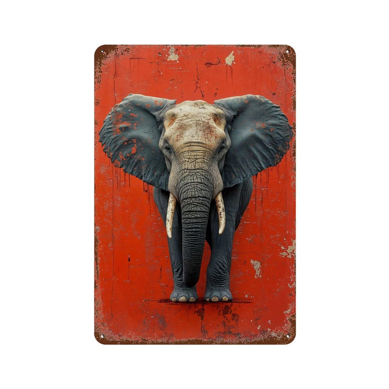 Elephant on Red Wall Rust Effect Tin Sign 11.8"x7.9", Vintage Wall Decor for Pub, Kitchen And Man Cave Decor