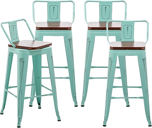 Miniatura 10 de Alunaune Juego de 4 taburetes de bar giratorios de metal de 24 pulgadas, sillas de bar industriales con asiento de madera moderno, respaldo bajo,
