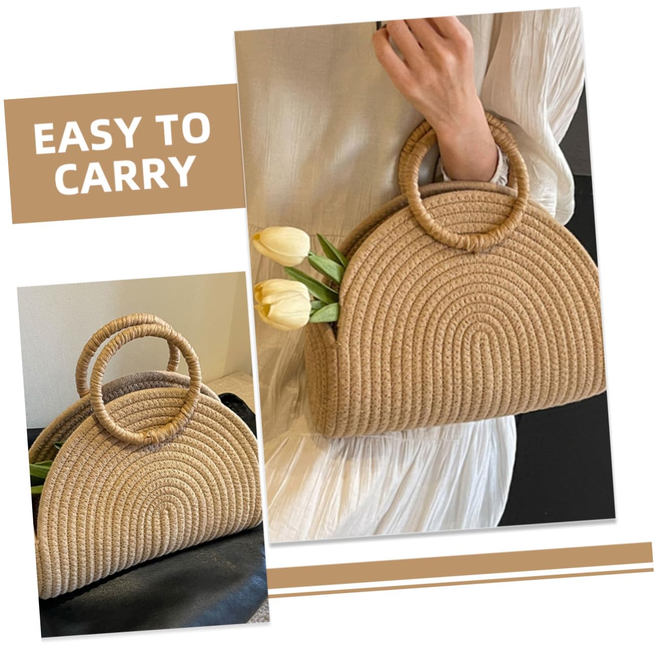 Abaodam Borsa in Corda di Cotone Intrecciata a Mano Texture Delicata, Capiente e Portatile, Stile Rustico per Picnic e Spiaggia Khaki