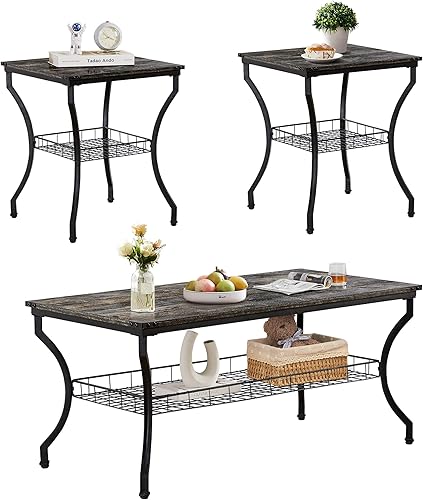 Miniatura 8 de VECELO Juego de mesa de sala de estar, mesas auxiliares y auxiliares con estantes de almacenamiento abiertos para apartamento, oficina en casa,