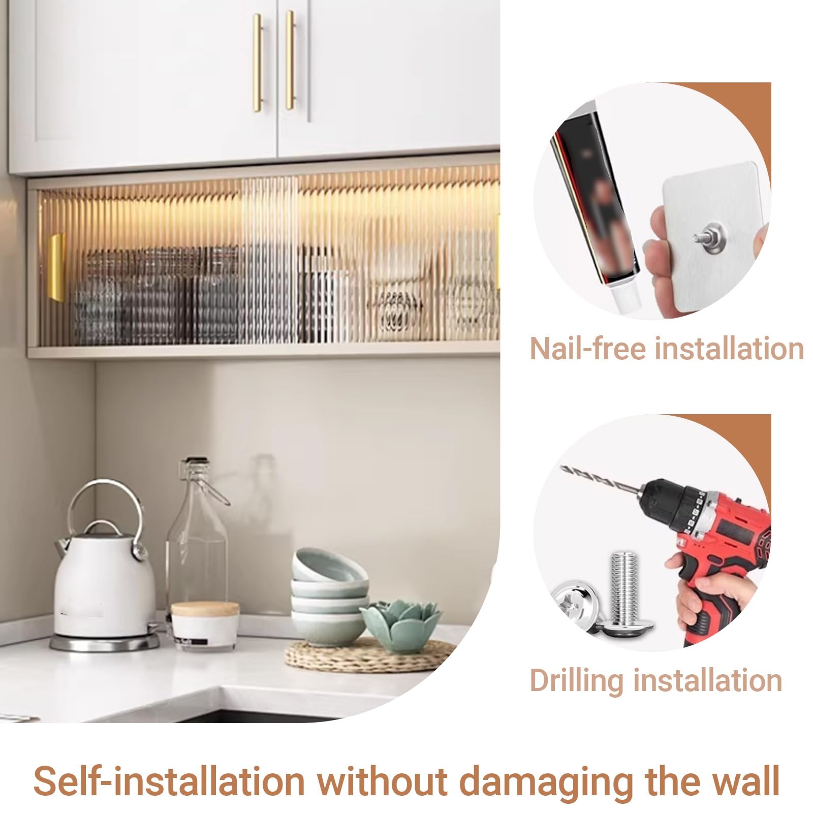 Armoire de rangement murale avec porte en verre, organiseur en aluminium nid d'abeille, portes coulissantes, installation sans perçage, présentoir élégant pour cuisine ou salle de bain