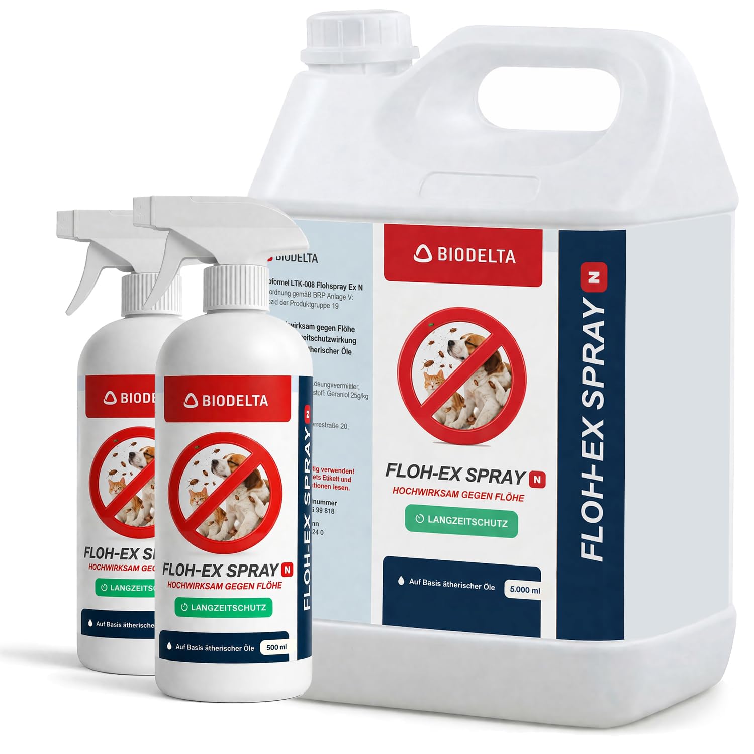 Biodelta Anti Floh Bundle 2 x 500ml + 1x 5L für Hund Katze - Floh-Ex UmgebungsBundle Haustier Hundeflöhe Katzenflöhe bekämpfen bei akutem Befall & präventiv - Flöhe Bundle Wohnung Möbel Bett