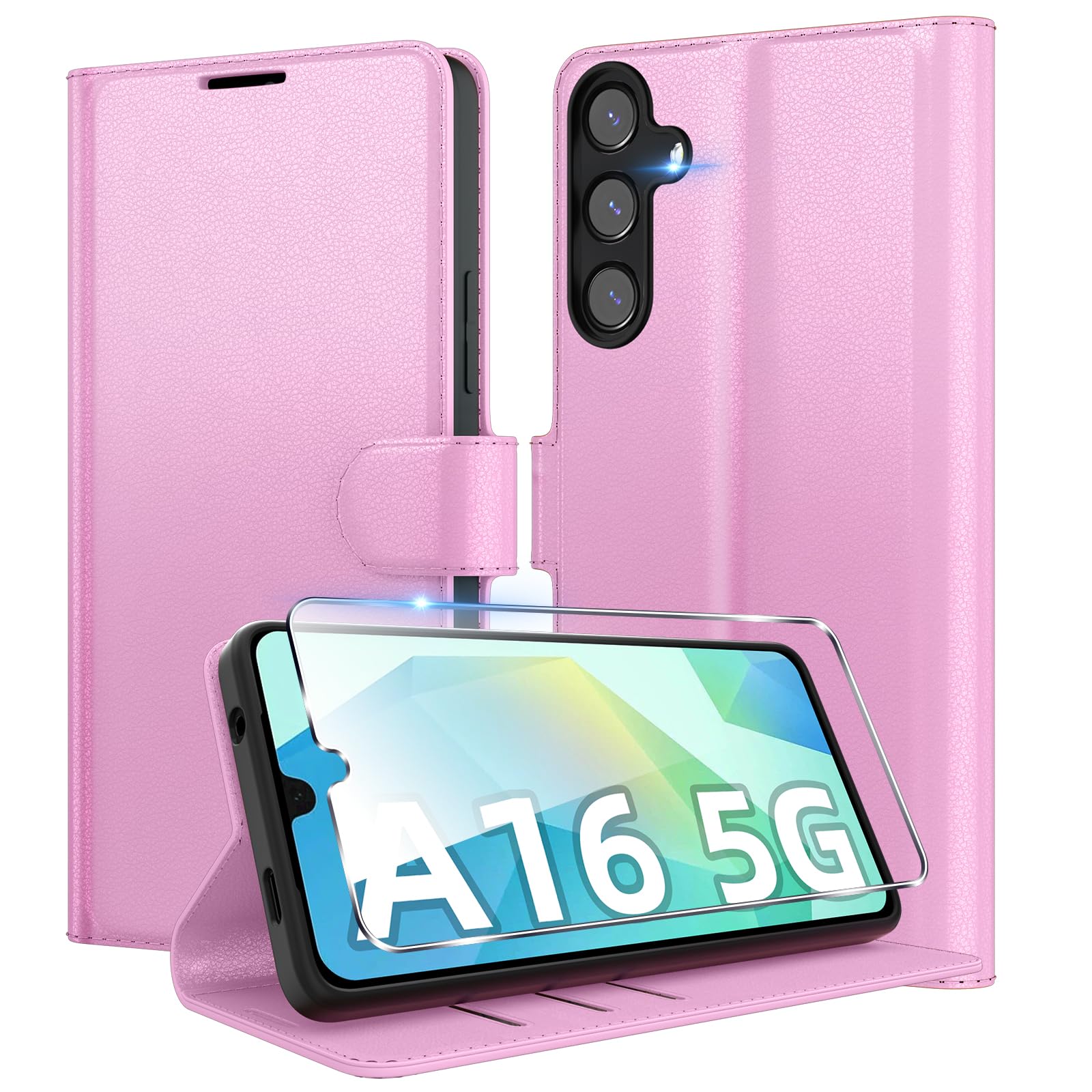 Eirltiy Cover per Samsung Galaxy A16 5G/4G Portafoglio Pelle PU Premium, Custodia Scomparti Carte Antiurto Protettiva Case con 1 Vetro Temperato, Rosa
