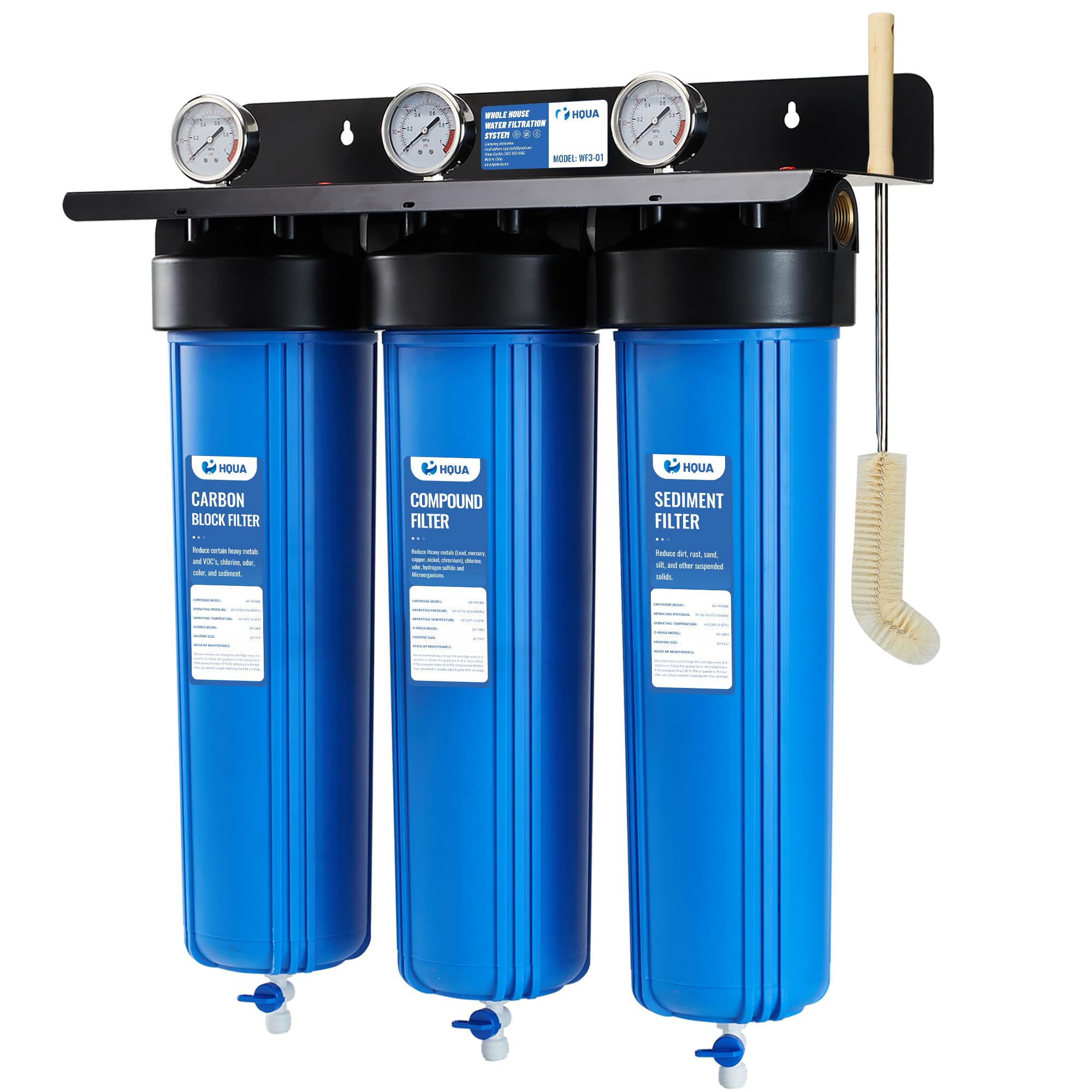 HQUA WF3-01 3-Stage Whole House Water Filtration System, Reduces Heavy Metals (Lead, Mercury, Copper, Nickel, Chromium), Chloramine, Sediment, Odor, and VOC's
