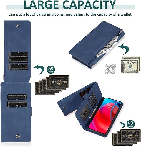 Miniatura 4 de Funda compatible con Moto G Stylus 5G 2021, protector de pantalla de vidrio templado, cierre de cremallera, funda de piel retro, soporte para