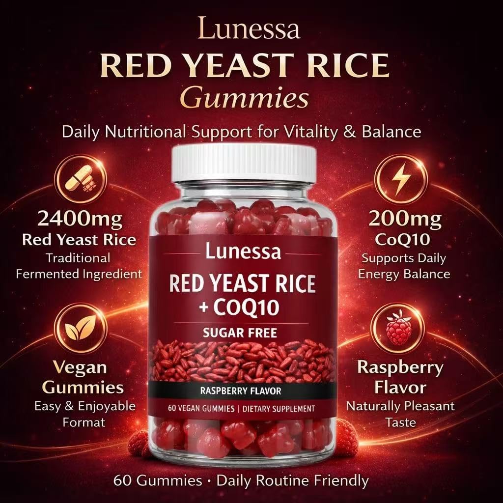 Lunessa Red Yeast Rice, with Red Yeast Rice 2400mg, CoQ10 200mg, Restores Body Vitality & Maintains Healthy Cholesterol Levels for Men & Women, Non-GMO, Vegan, Raspberry Flavor, 60 Gummies (1)