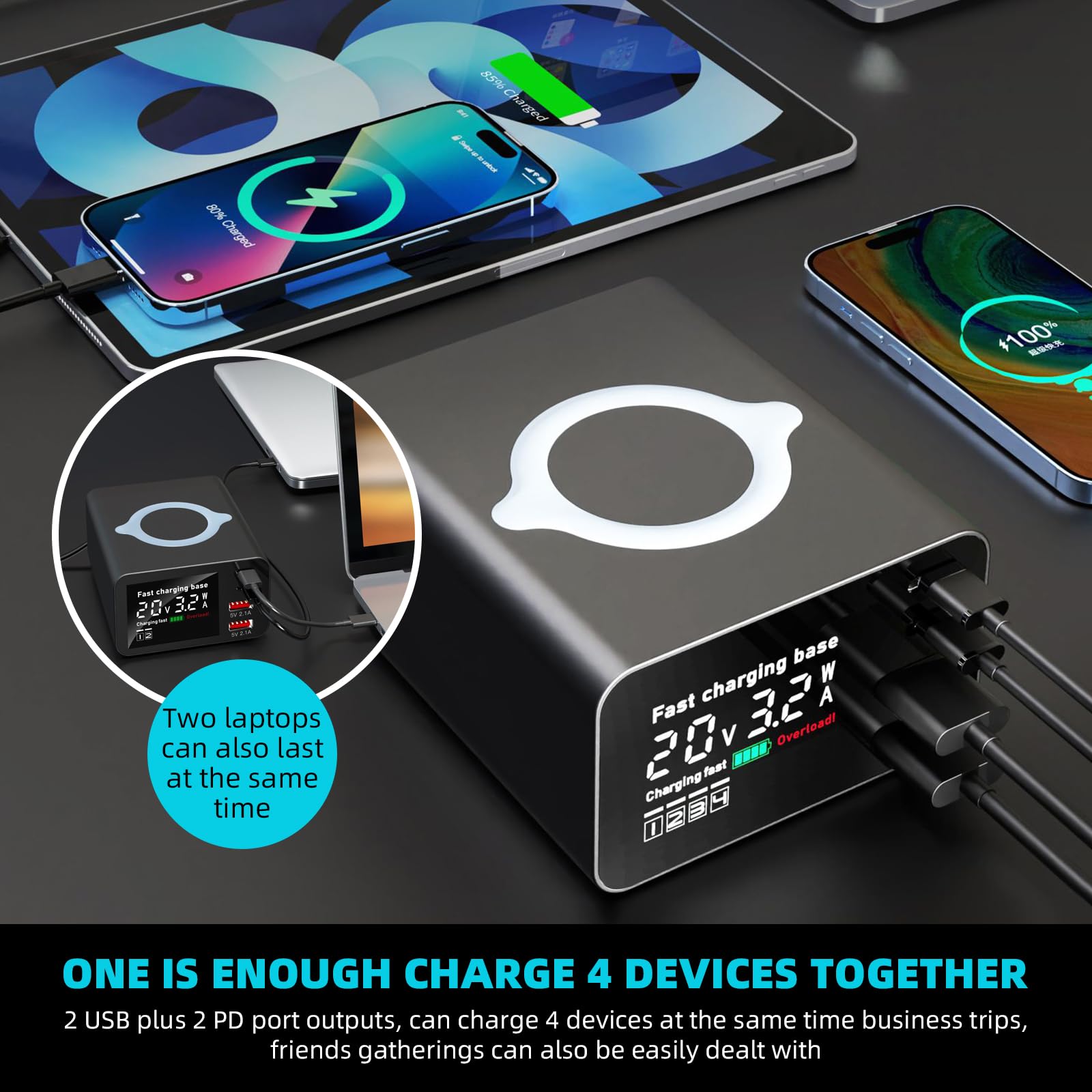 Caricabatterie USB C portatile veloce, stazione di ricarica multi porta con display in tempo reale, spina di ricarica sicura e affidabile per telefoni cellulari, tablet, laptop, smart watch, viaggi,