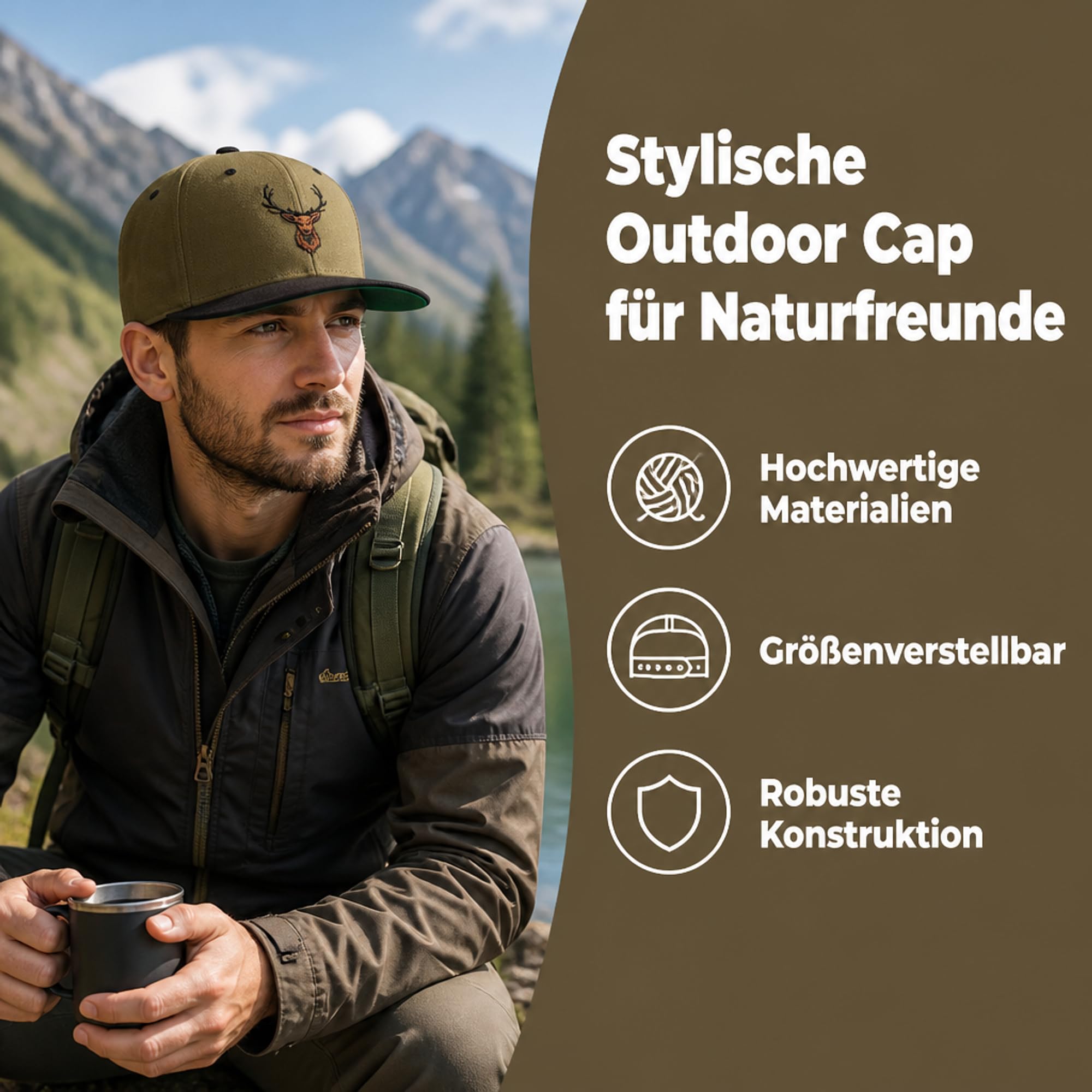Cap Flexfit Snapback : Hirsch-Kopf - Outdoor Cap - Cappi für Naturliebhaber Herren & Damen Baseball Cap Kappe Mütze Outdoor Jäger Jagd Ausrüstung Wander Zubehör
