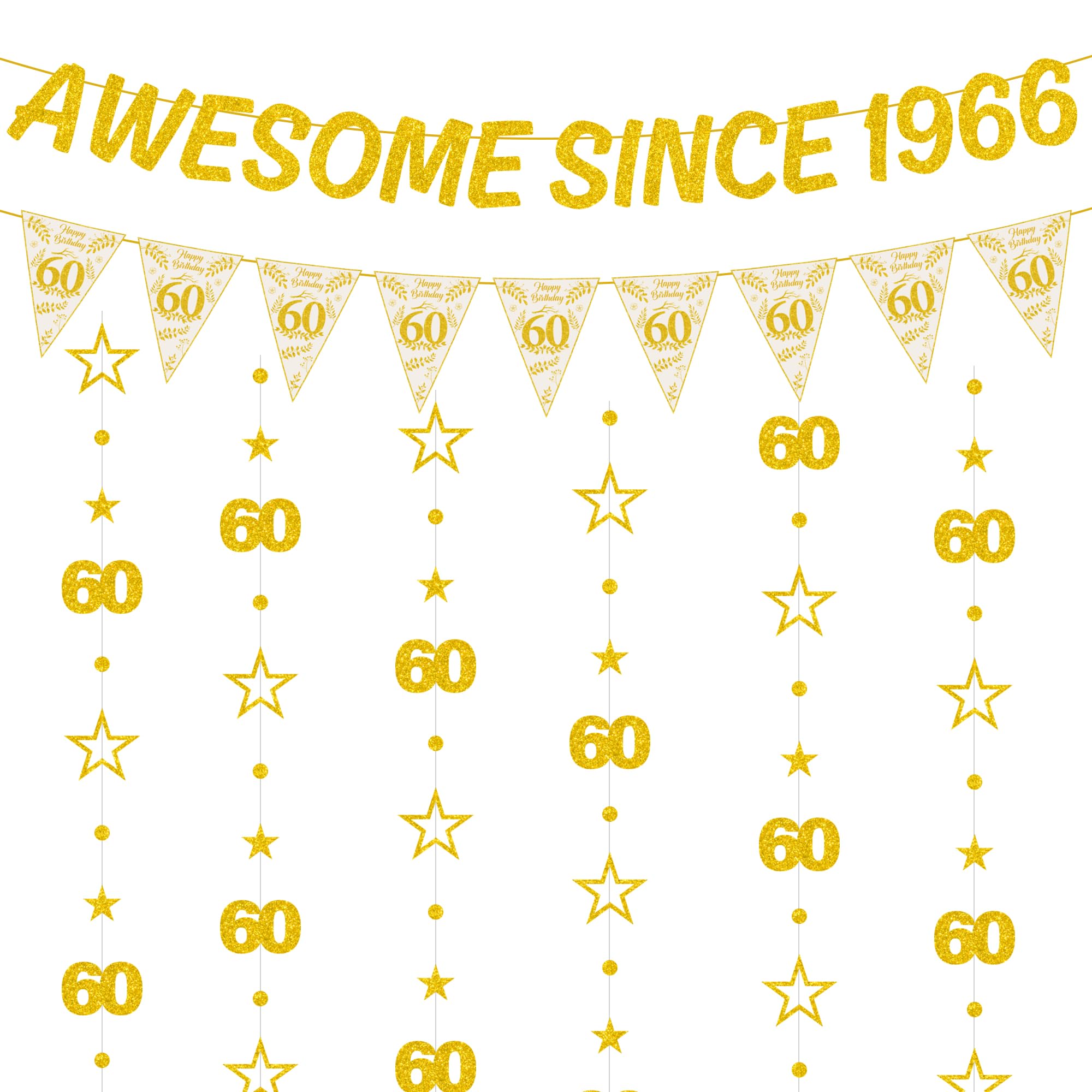 60th Birthday Decorations Women Men - 8 Pcs Gold Awesome Since 1966 Banner, Triangle Flag and Hanging Garland With Sparkling Gold Stars and 60 Number for 60th Party Supplies