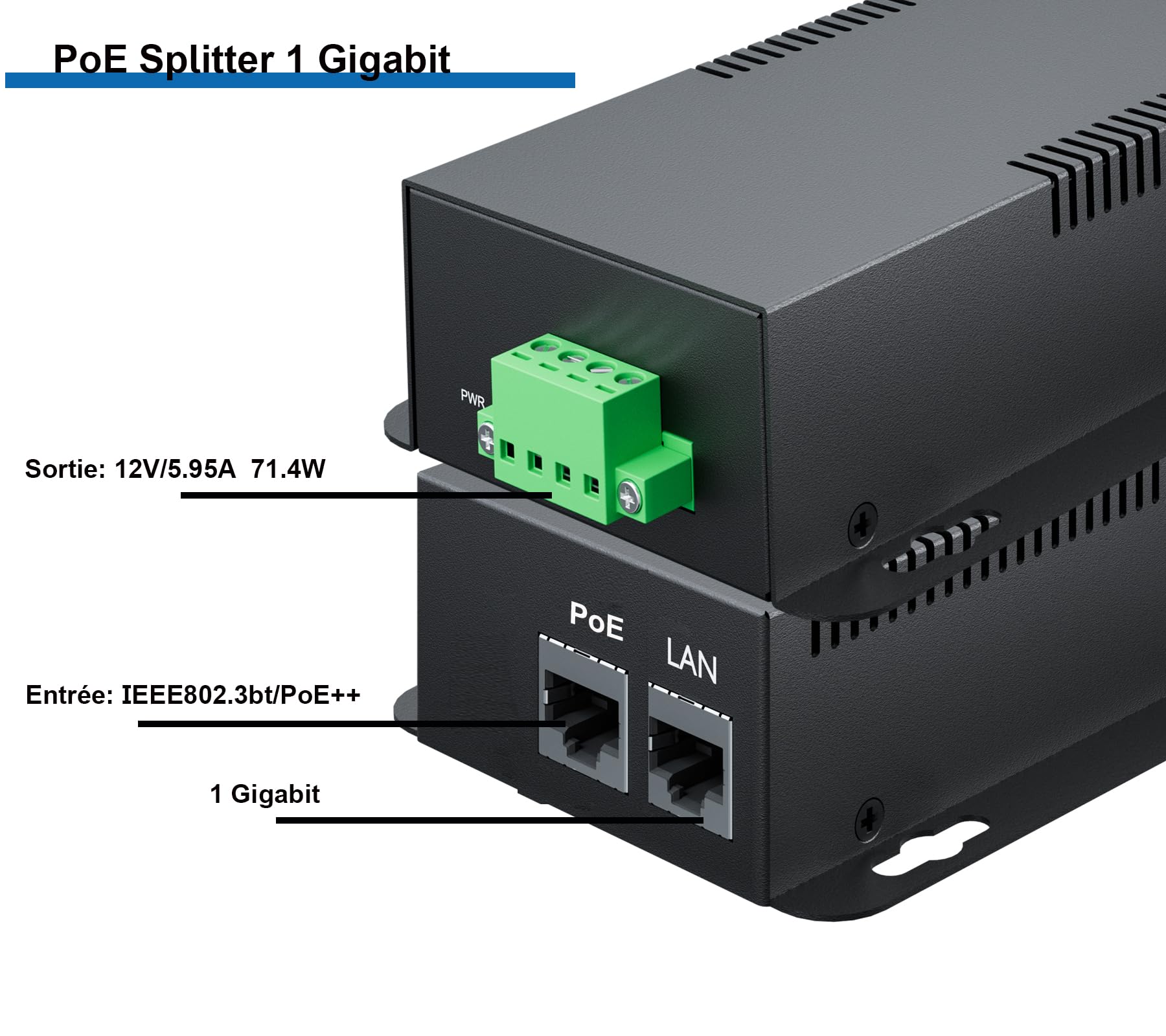 PROCET Gigabit PoE Splitter Adaptateur 12 V/5,95 A 71,4 W 802.3 BT PoE Network et électrique Ethernet séparateur pour non-PoE haute puissance stations de base, ADSL Modem, caméras réseau,