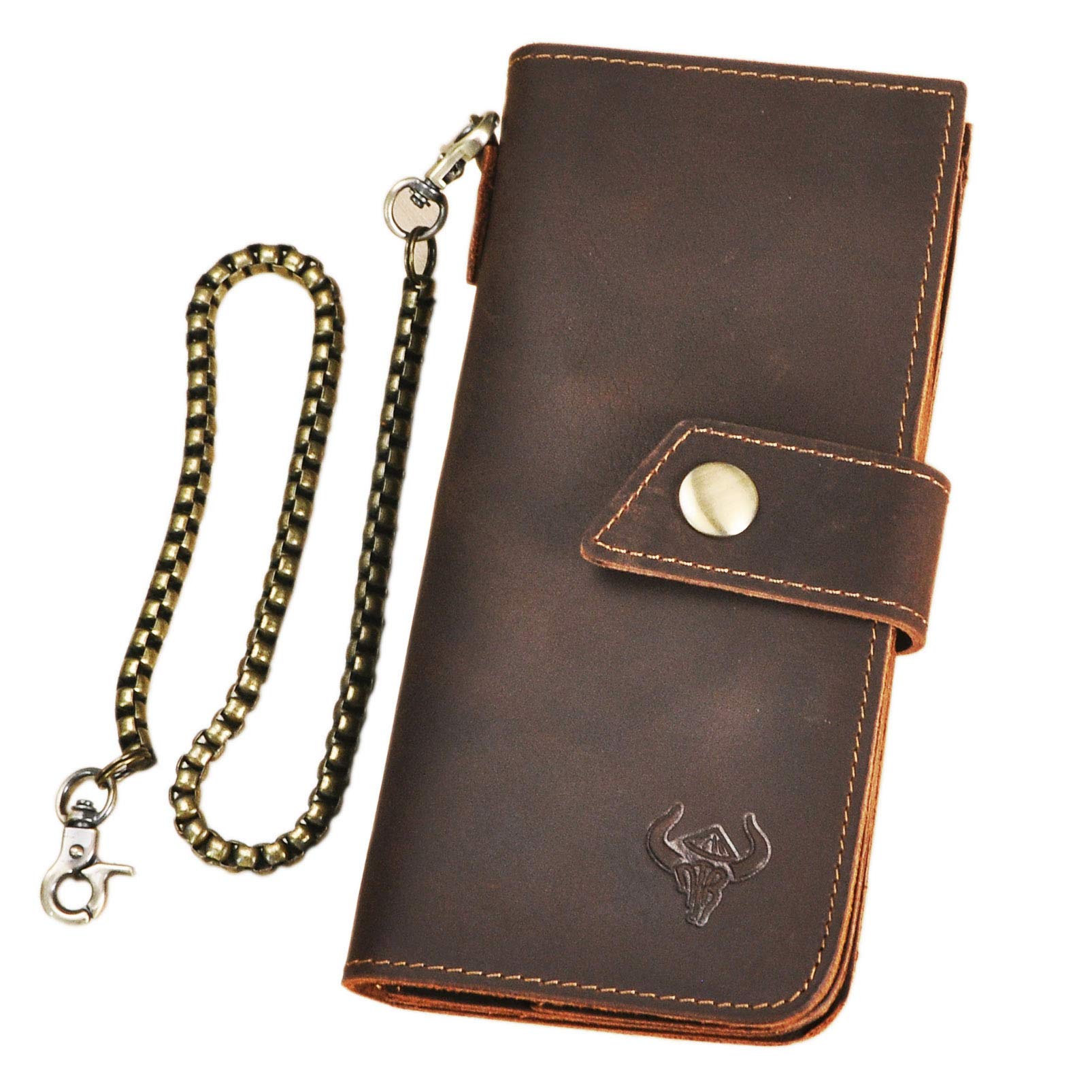 Le'aokuu Mens Genuine Leather Bifold Wallet Organizer Checkbook Removable Chain Wallet
