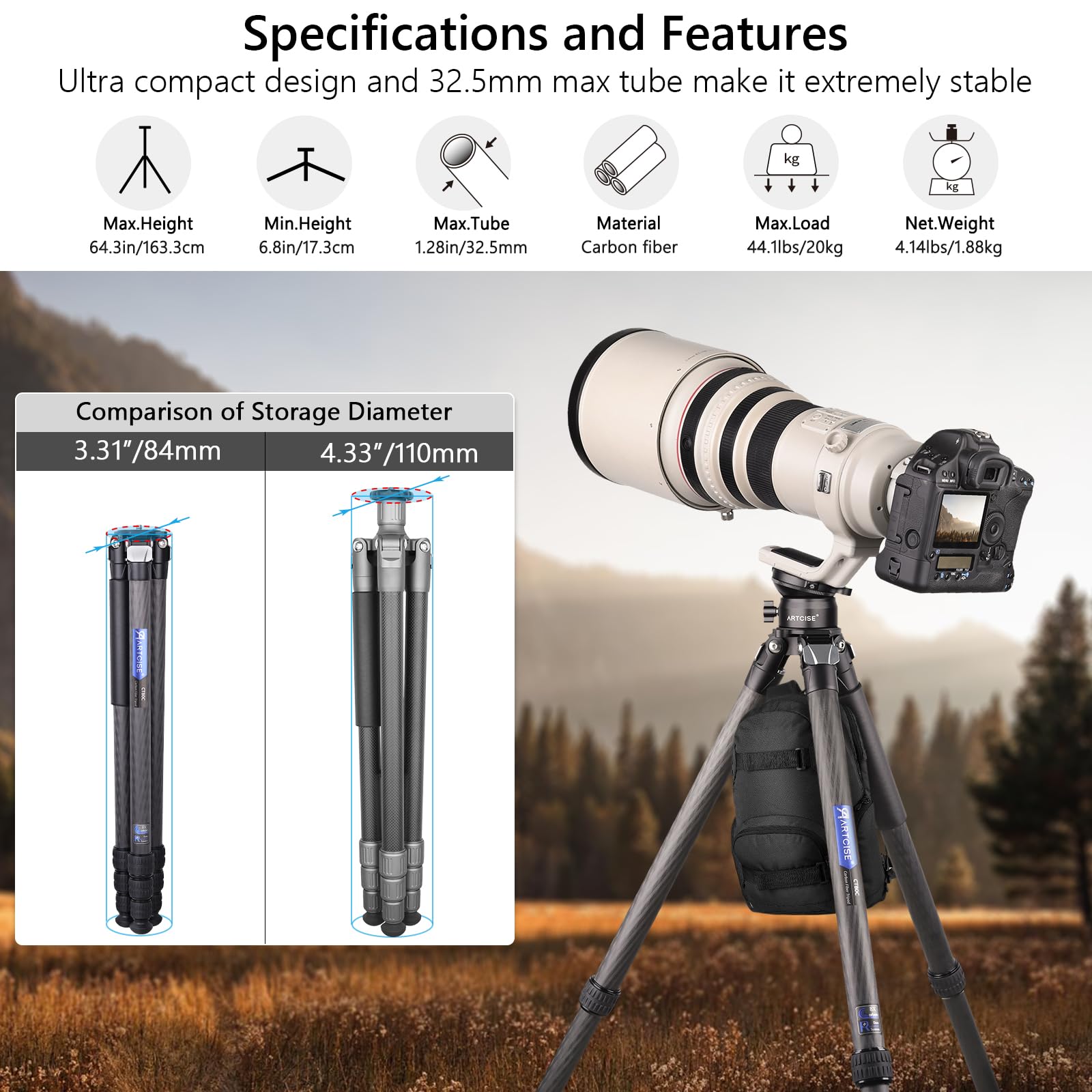 ARTCISE Compact Carbon Camera Tripod with Leveling Base Tripod Head 32.5mm Max Leg Tube Stable Lightweight Carbon Fiber Travel Stand with Stone Bag Max Load (Tripod:25kg,Leveling Base:10kg)