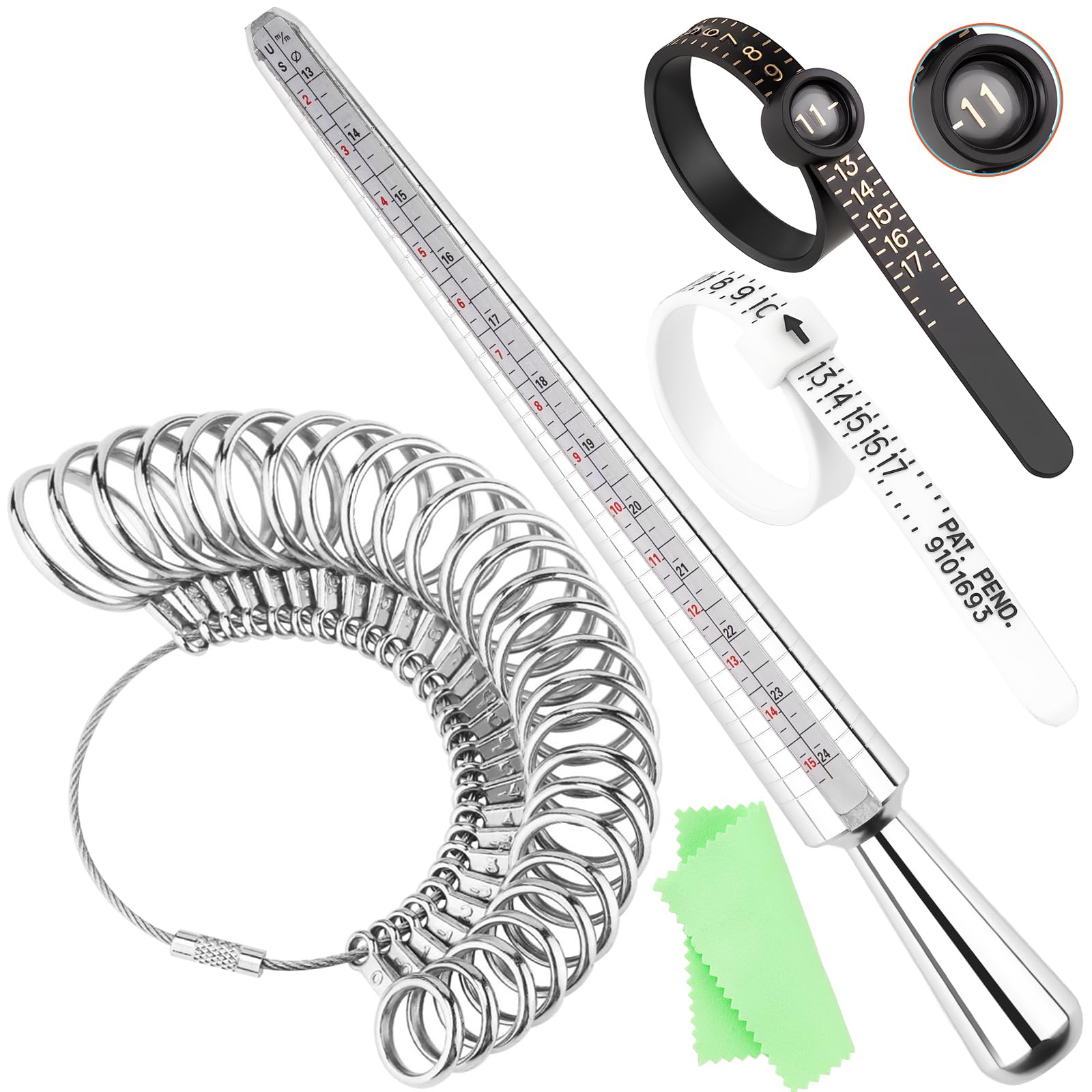 Ring Sizer and Measuring Tool, 5-in-1 Pro Ring Sizing Kit: Ring Mandrel, 27PCS Metal Ring Sizers (US 0-13), 2 Finger Size Belts 1-17 (1 with Magnifier), Polishing Cloth