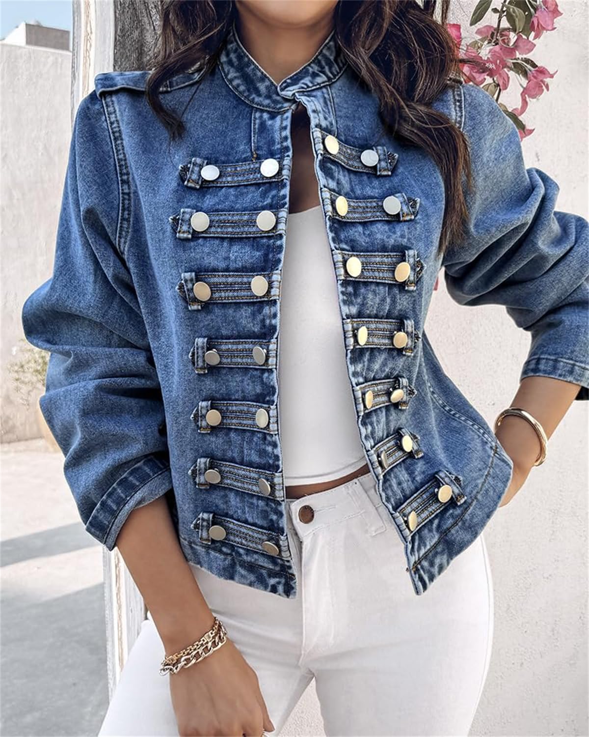 ORANDESIGNE Damen Jeansjacke Militär-Stil Stehkragen Kurze Denim-Jacke mit Stehkragen Zweireihig Lässiger Langarmmantel Steampunk Napoleon Jacke