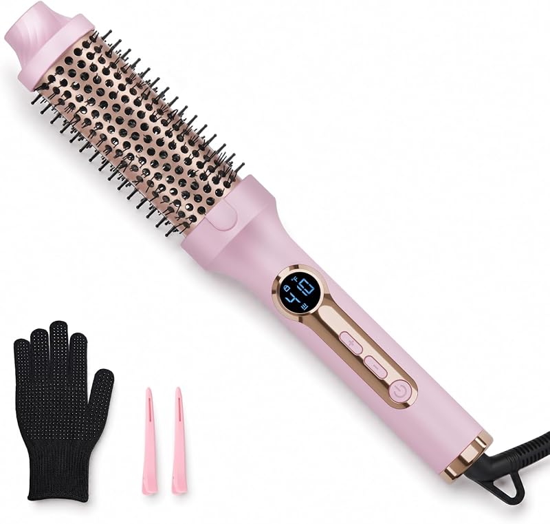 Cepillo térmico de 1,5 pulgadas, cepillo voluminizador para rizar (rosa) | Crea rizador con aspecto de explosión con 5 temperaturas ajustables, herramienta de peinado de doble voltaje con estilizador redondo calentado