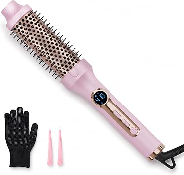 PRITECH Thermal Brush 1.5 inch, Curling Brush Volumizer Pink | Create Blowout Look Curling Iron with 5 Adjustable Temperature, Heated Round Styler Dual Voltage Hair Styling Tool