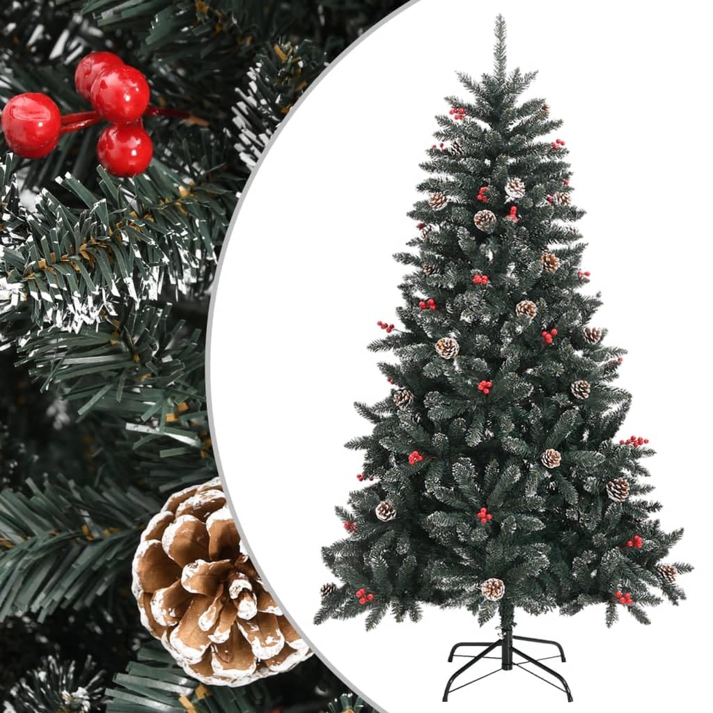 Künstlicher Weihnachtsbaum 150 cm aus PVC mit Stahlständer, klappbar, beschneit, naturgetreu, geschmückt mit Zapfen und Beeren für Wohnzimmer und Winterdekoration