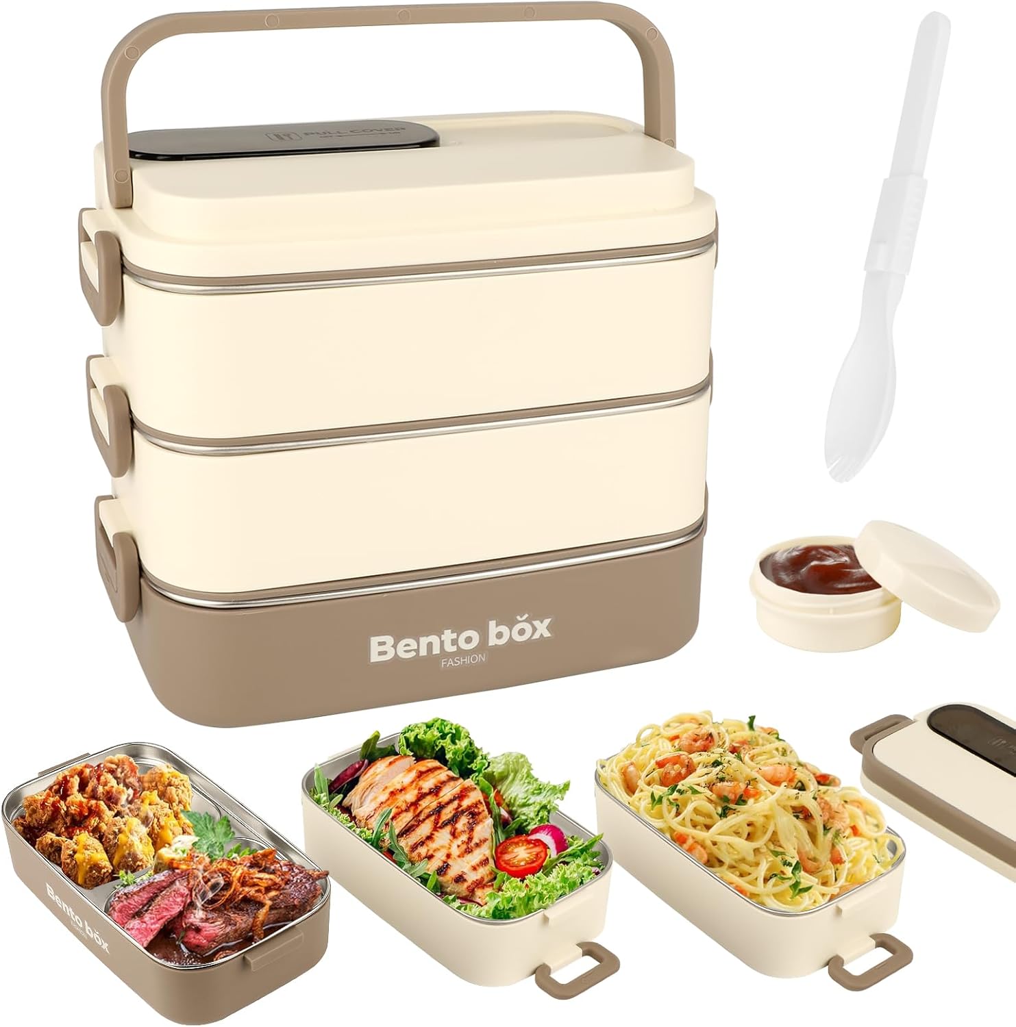 Suteng Triple-Layer Bento Box Adult All-in-One Design | 2.1L Stainless Steel Lunch Containers for Adults | Leakproof Microwave-Safe Food Container with Cutlery(Spoon) & Hidden Handle | Beige
