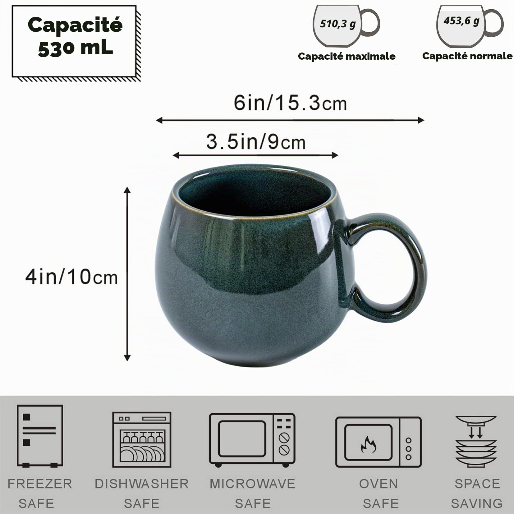 UNICASA Tasses à café en porcelaine, Set de 4 tasses avec anse de 530 ml chacune, Vaisselle Tasse Tasse pour thé café lait cappuccino, Vert
