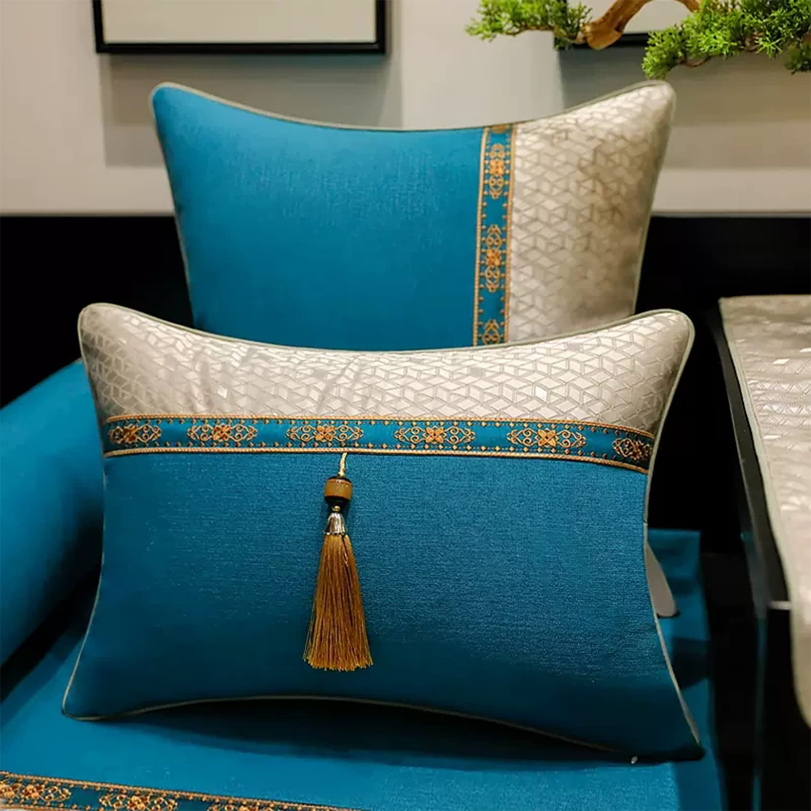 Juego de 2 Fundas Decorativas para Cojines Jacquard Throw Pillow Covers Algodón Lino Rombo Square Grid Stitching Fundas de Almohada Sala de Estar Sofá Decoración,Blue A-40x60cm