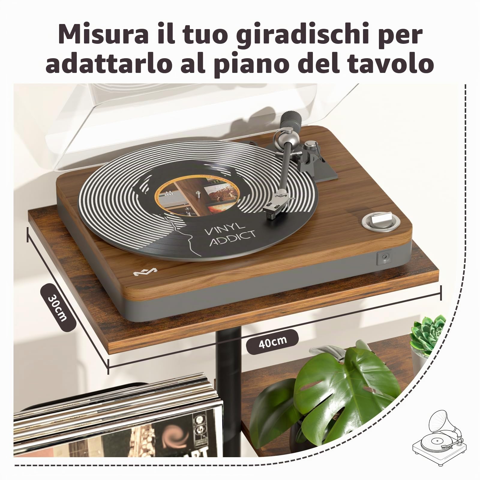 Bikoney Mobile Porta Giradischi con Scaffale per Vinili, Tavolo in Legno per Giradischi con Organizer LP, Espositore e Organizer Dischi per Spazi Ridotti, Appartamenti, Camera da Letto e Soggiorno