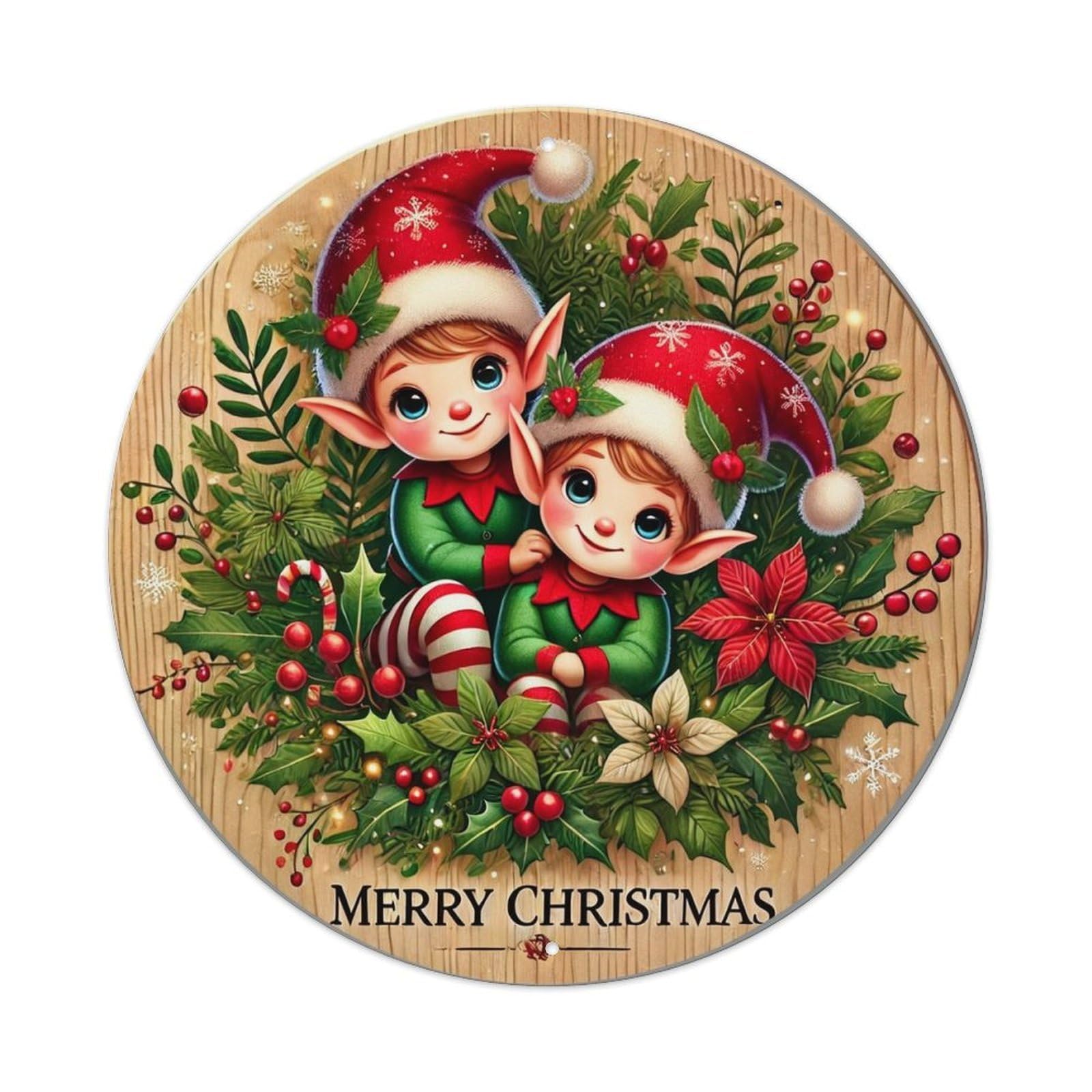 Jdyaojiesheng Vintage Christmas Elves Holly Berries Snowflakes Round Tin Sign Retro Metal Wall Decor Metal Poster, Home Bar Garage Farmhouse Cafe Wall Art Decoration 8X8inch