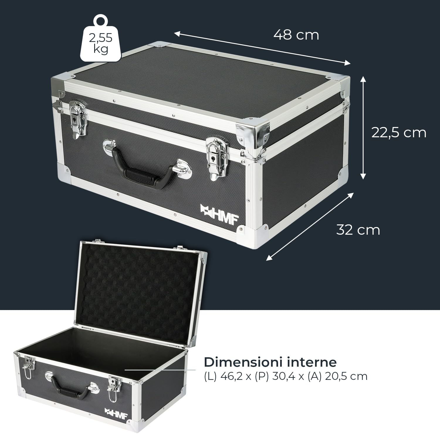 HMF Valigetta fotografica con schiuma, valigia da trasporto imbottita con telaio in alluminio per DSLR/reflex & accessori fotografici | 48 x 32 x 22,5 cm | Nero