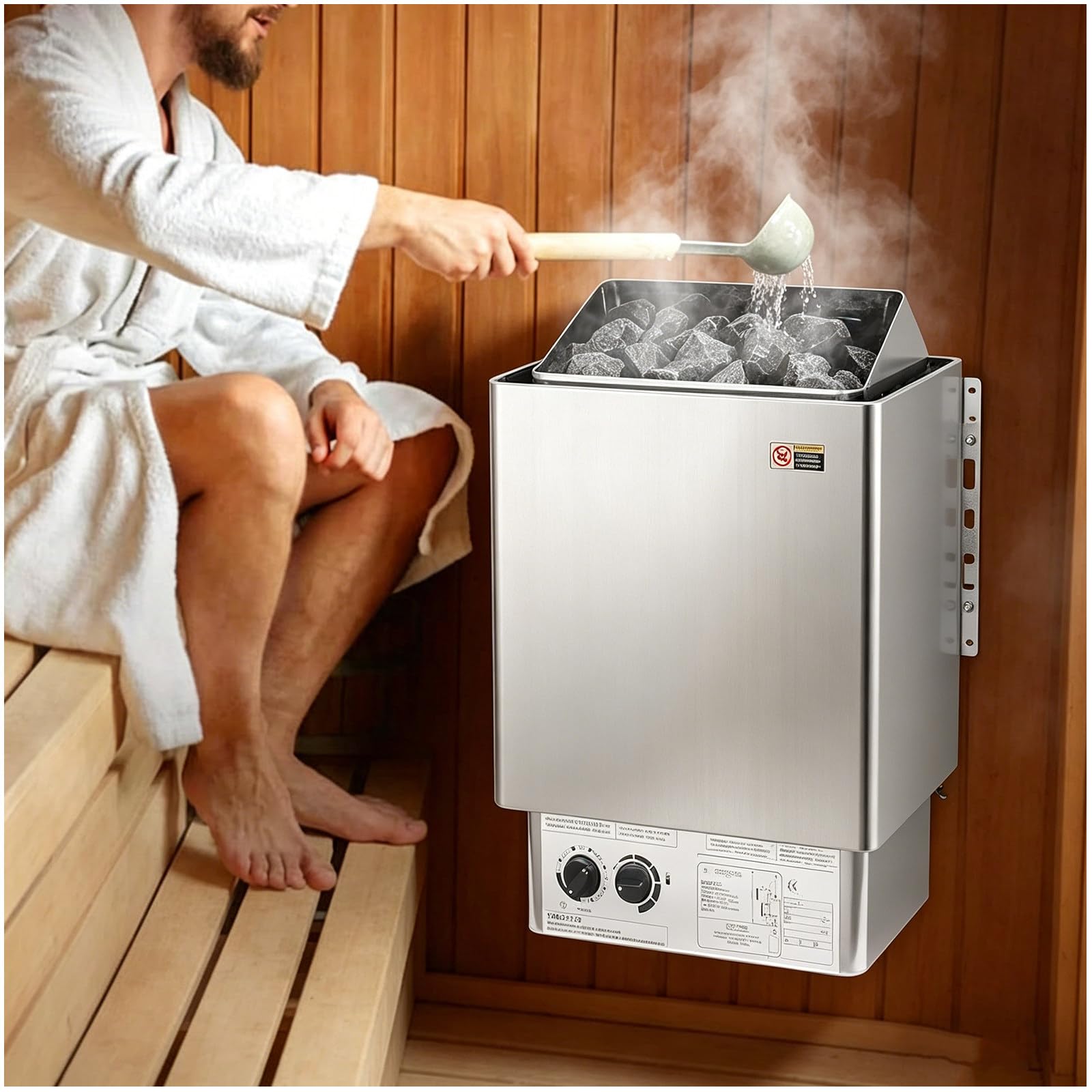 Riscaldatore Elettrico per Sauna (per 9-13 m³), ​​Stufa per Sauna in Acciaio Inox da 9 kW con Regolatore Interno, Timer: 0-180 min, Temperatura: 0-110℃, per Casa, Hotel, Doccia e Bagno