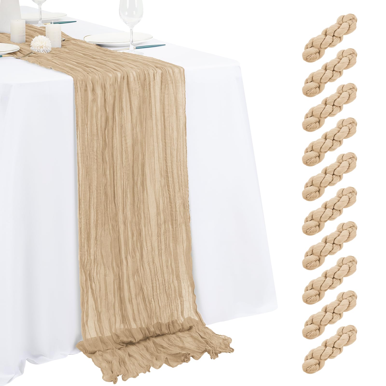 Photo 1 of 10 Pack Beige Cheesecloth Table Runner 17x108 Inch Semi Sheer Boho Gauze Cheese Cloth Table Runners, for Wedding Bridal Shower Birthday Party Home Decor Garden Farmhouse