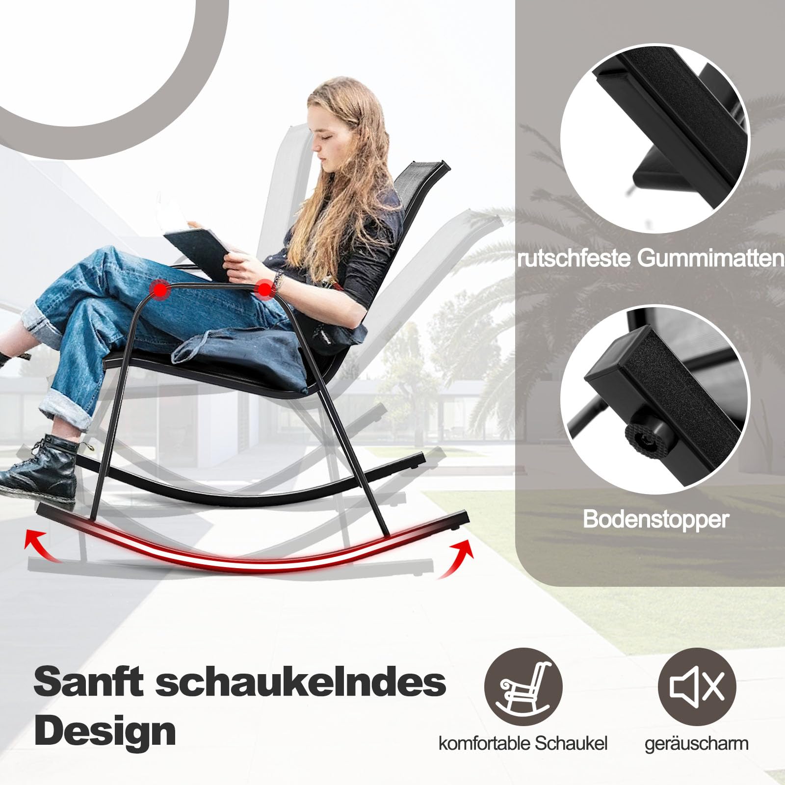 GOPLUS Schaukelstuhl 2er Set, Gartenstuhl atmungsaktiv mit ergonomischer Rücklehne & Armlehne, Balkonstuhl bis zu 150kg, Verandaschaukelstuhl Terassenstuhl für Garten Veranda Pool (Grau)