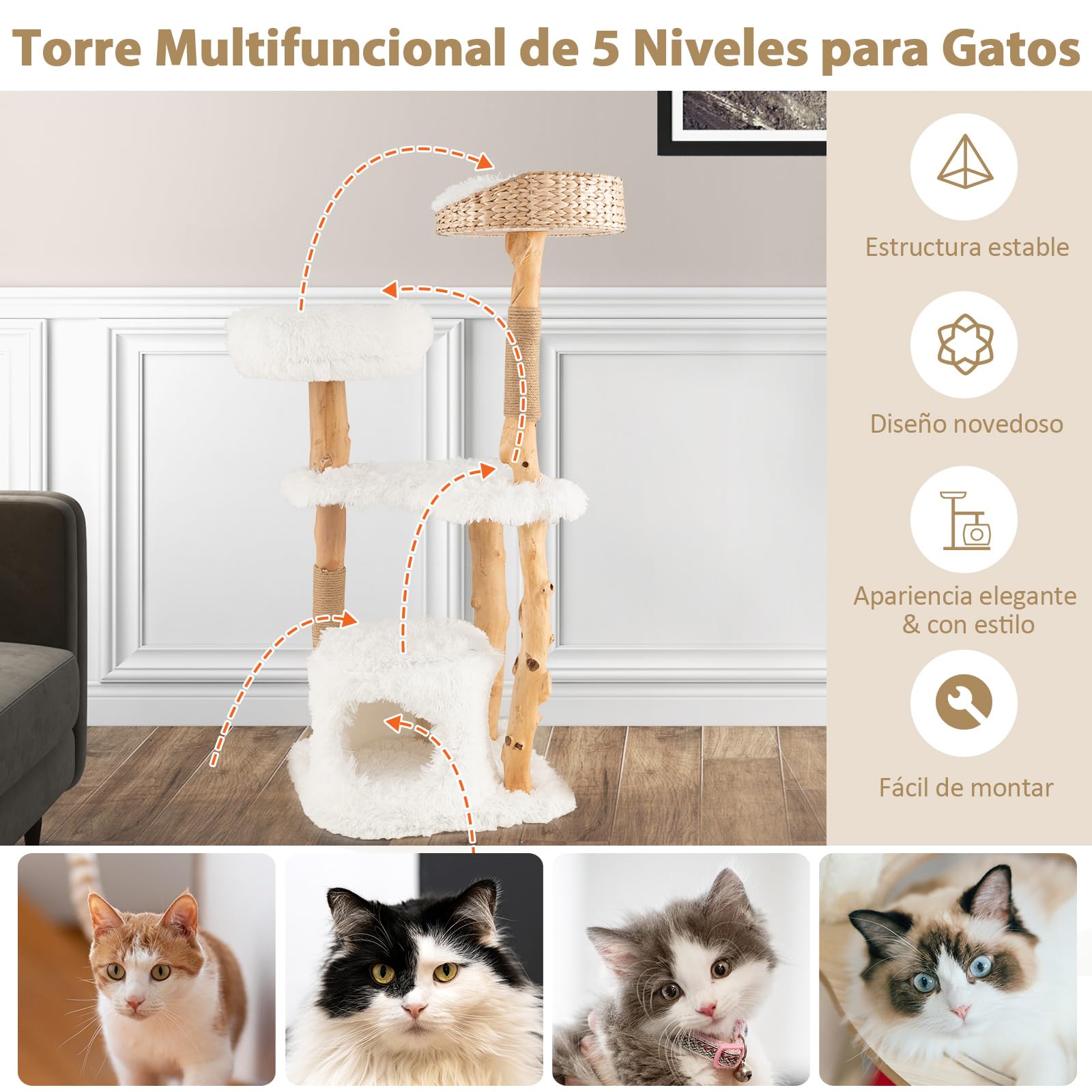 COSTWAY 124cm Árbol Rascador para Gatos de Madera Maciza, Torre Rascador para Gatos con Postes de Sisal, Condominio, Plataformas, Centro de Actividades de Múltiples Niveles para Gatos, Blanco (124cm)